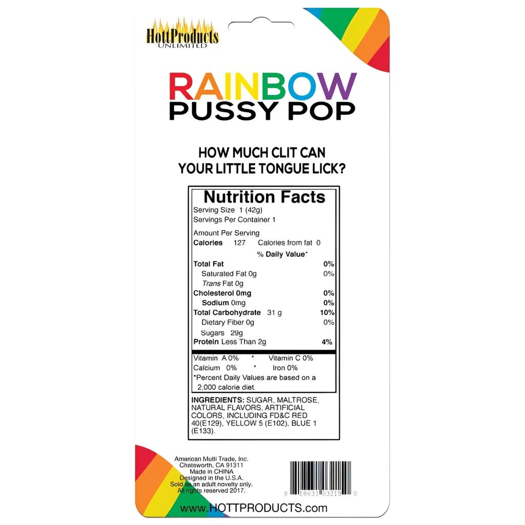 Hott Products rainbow pussy pop novelty candy in rainbow-colored packaging by hot products unlimited