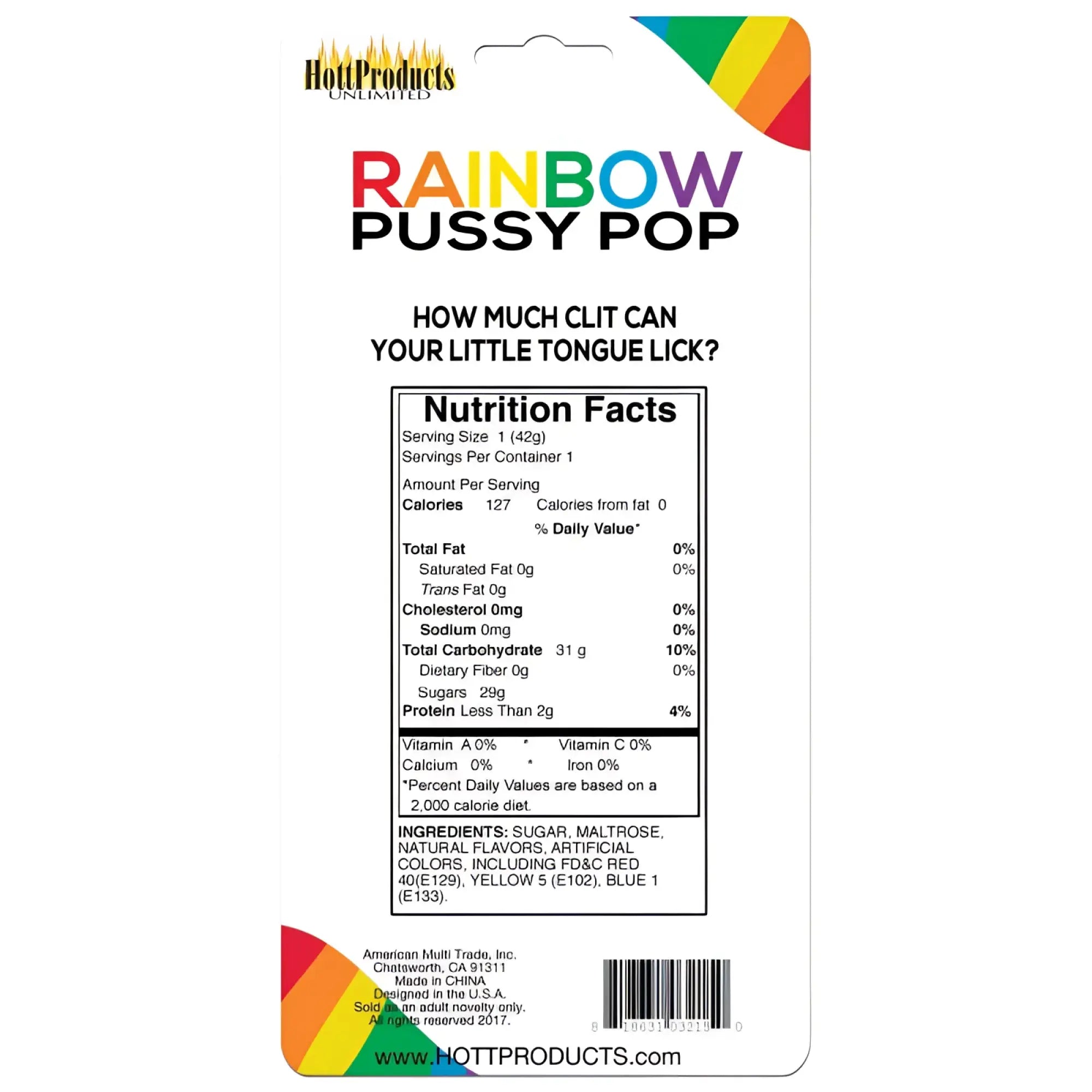 Hott Products rainbow pussy pop novelty candy in rainbow-colored packaging by hot products unlimited