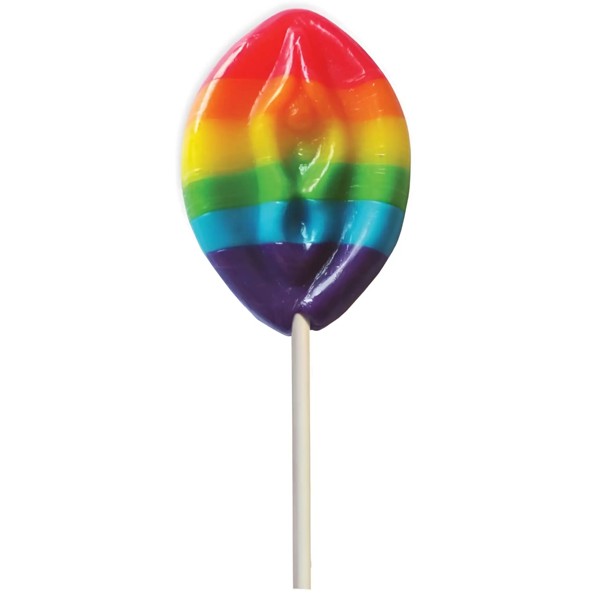 A glossy rainbow-colored lollipop with a smooth translucent candy surface and wooden stick from hott products rainbow pussy pop