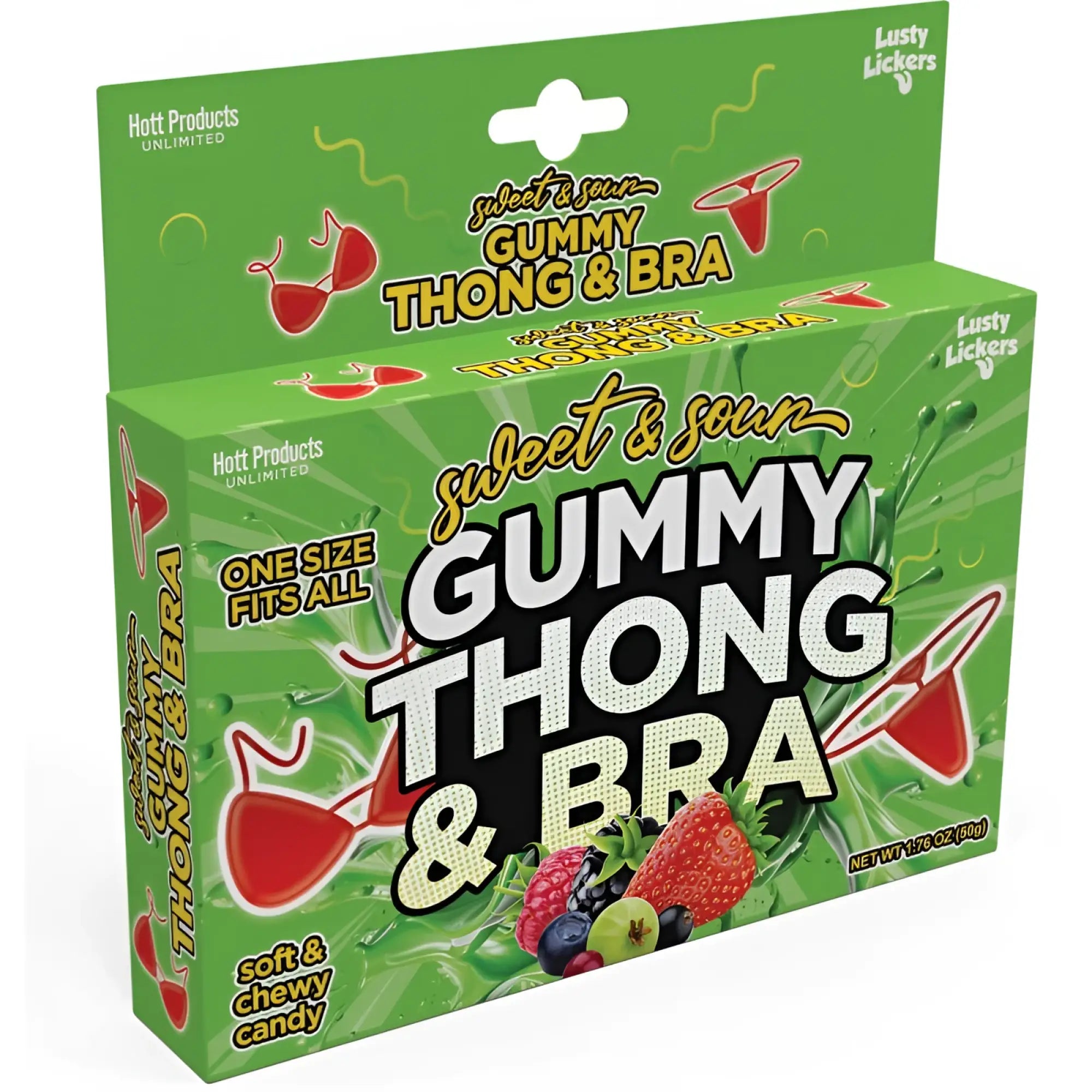 Green packaged sweet and sour gummy thong and bra candy by lusty lickers from hott products collection