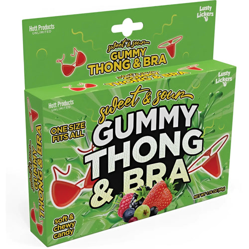 Green packaged sweet and sour gummy thong and bra candy by lusty lickers from hott products collection