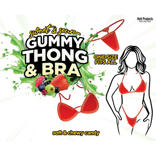 Red sweet and sour gummy thong and bra candy shaped like a bikini set from hott products