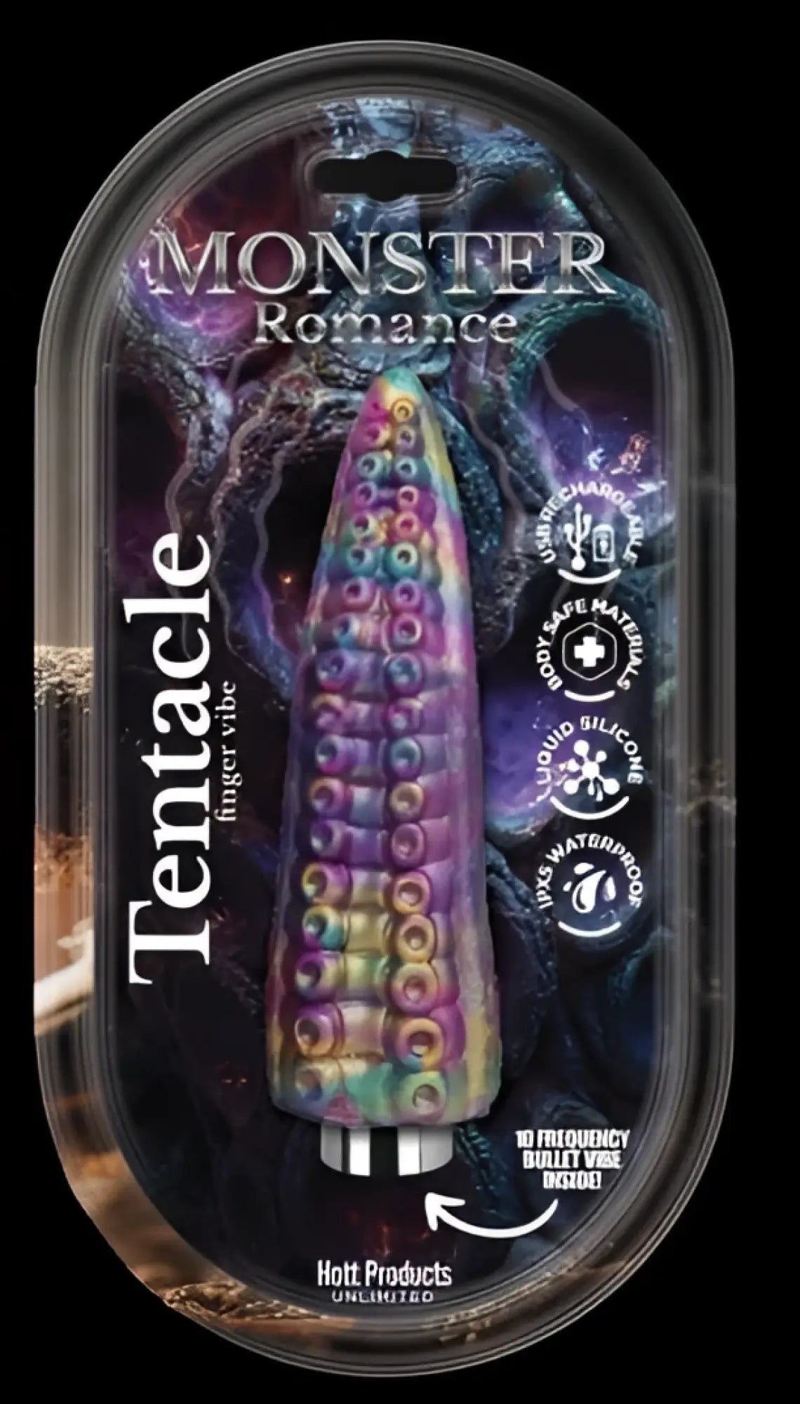 Hott Products tentacle silicone USB bullet vibrator in rainbow colors with textured ridges and tapered design