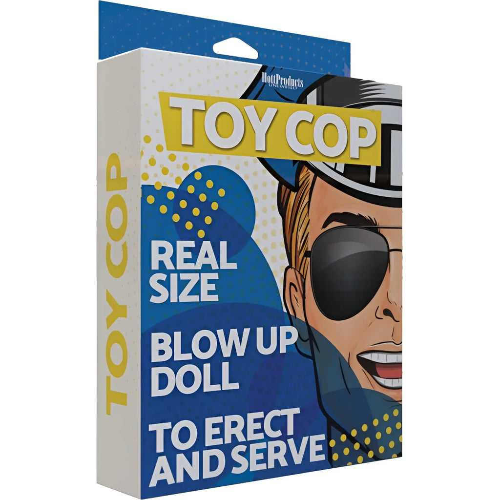 Hott products top cop inflatable doll in blue and white packaging with yellow text showing toy cop blow-up doll