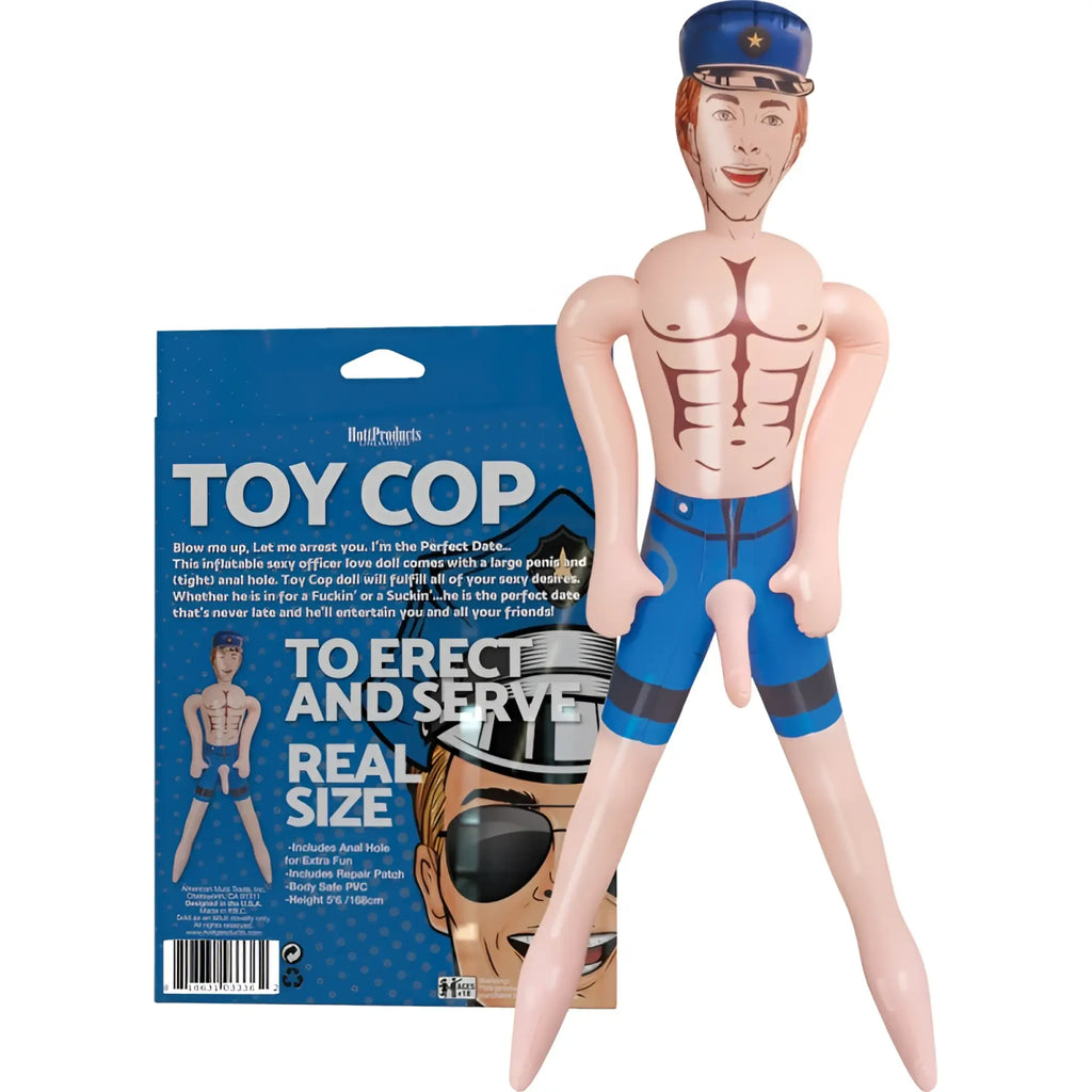 Hott Products top cop inflatable doll in blue uniform with muscular torso design and matching cap