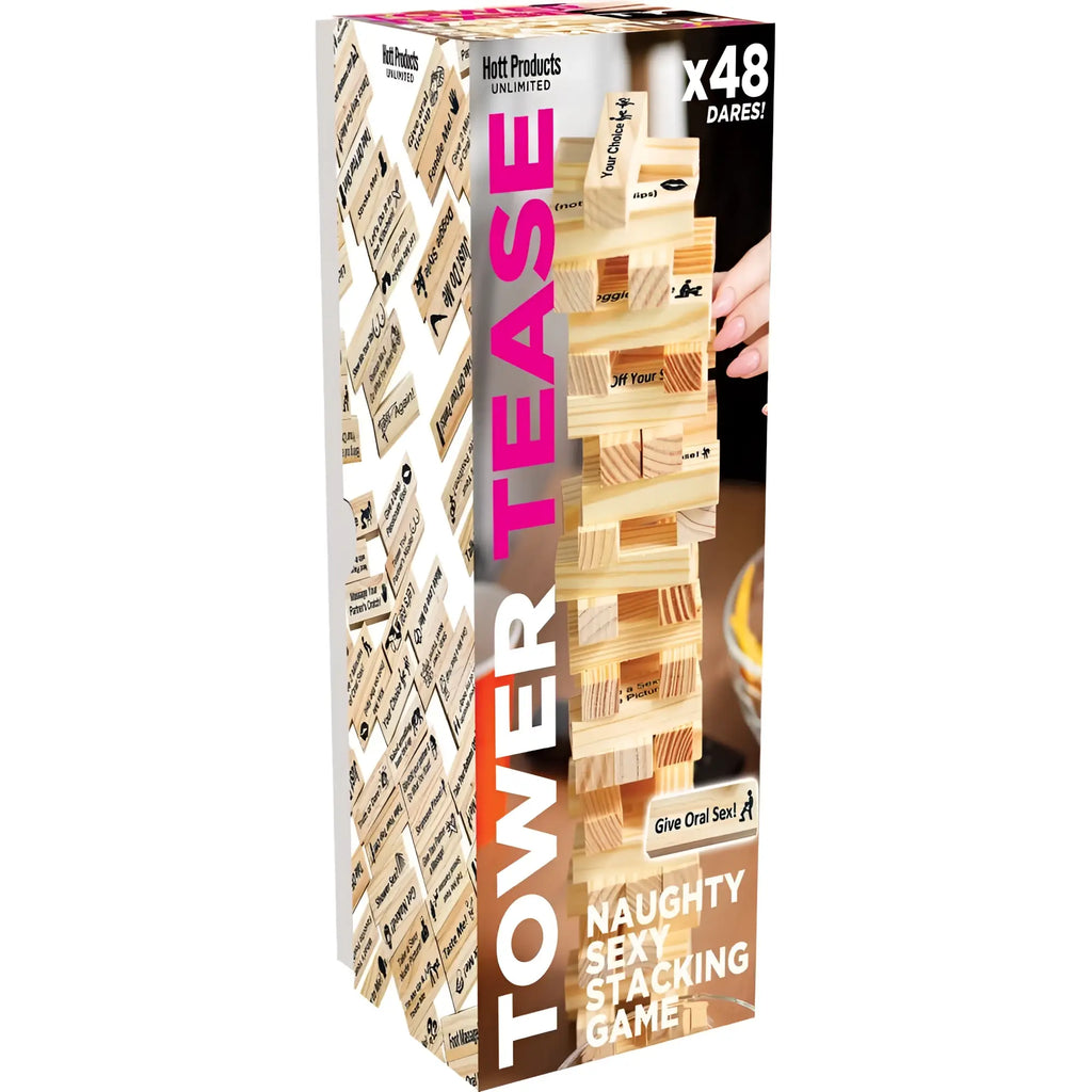Hott Products the Tower tease wooden stacking game with 48 dares on light-colored blocks for adult fun