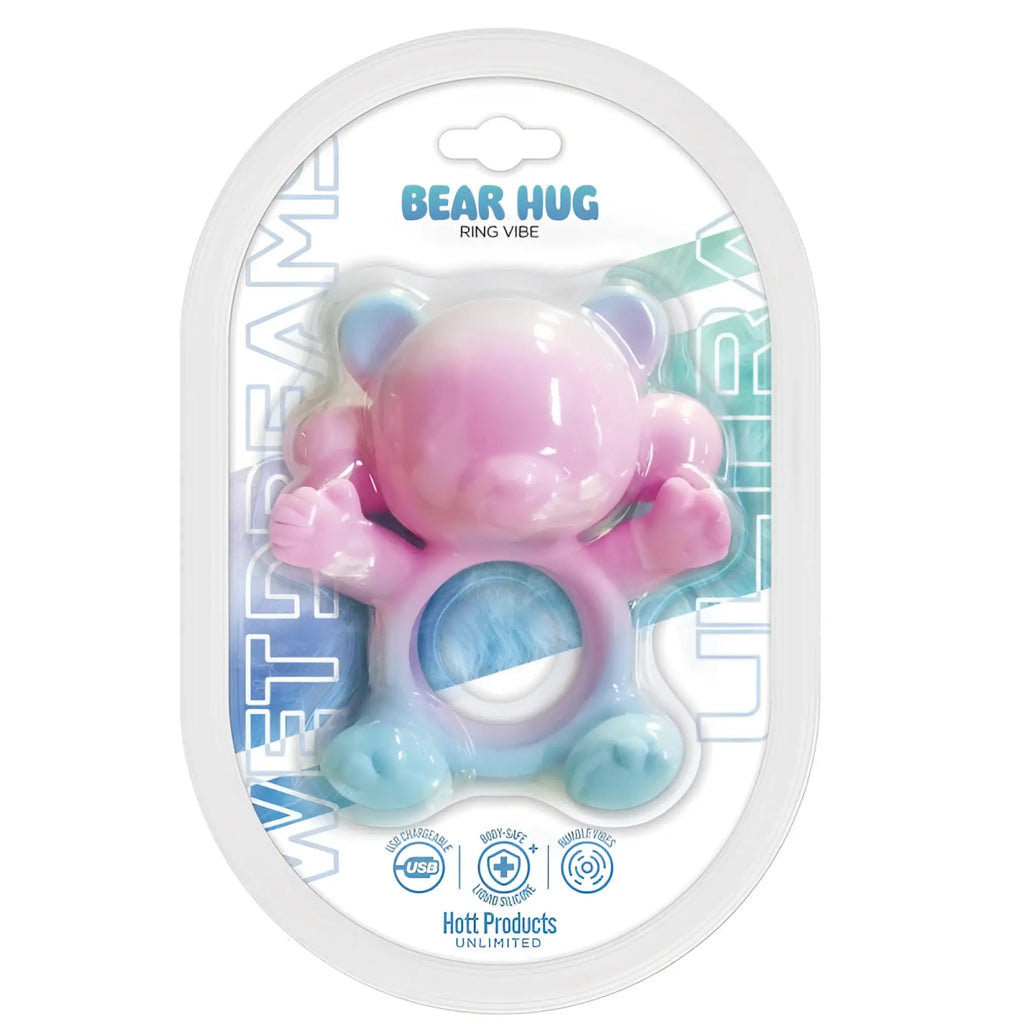 Hott Products Wet Dreams Ultra pink and blue gradient silicone bear-shaped ring vibrator in packaging with 20 modes and USB charging