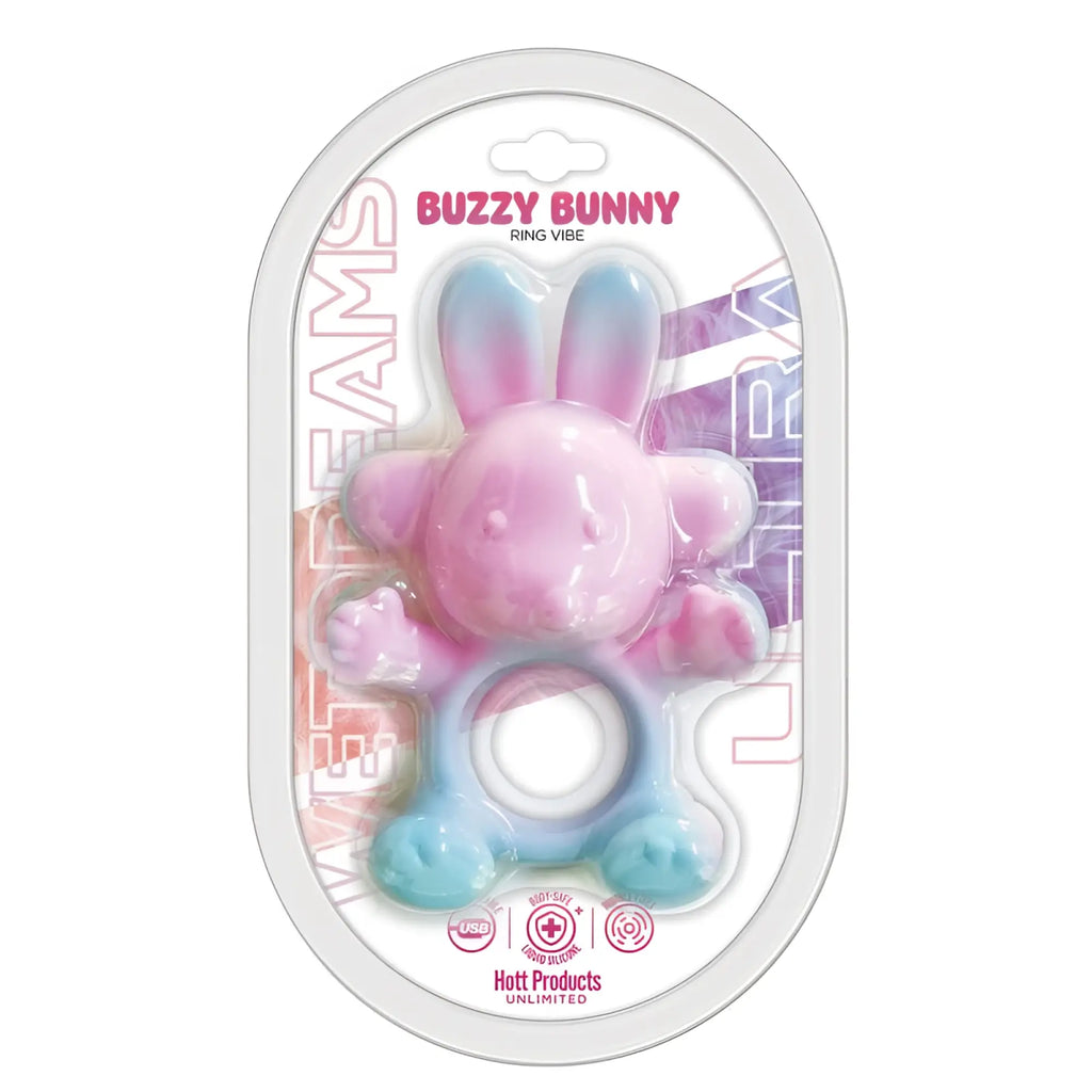 Pink and blue gradient silicone bunny-shaped ring vibrator with 20 modes usb rechargeable by hott products