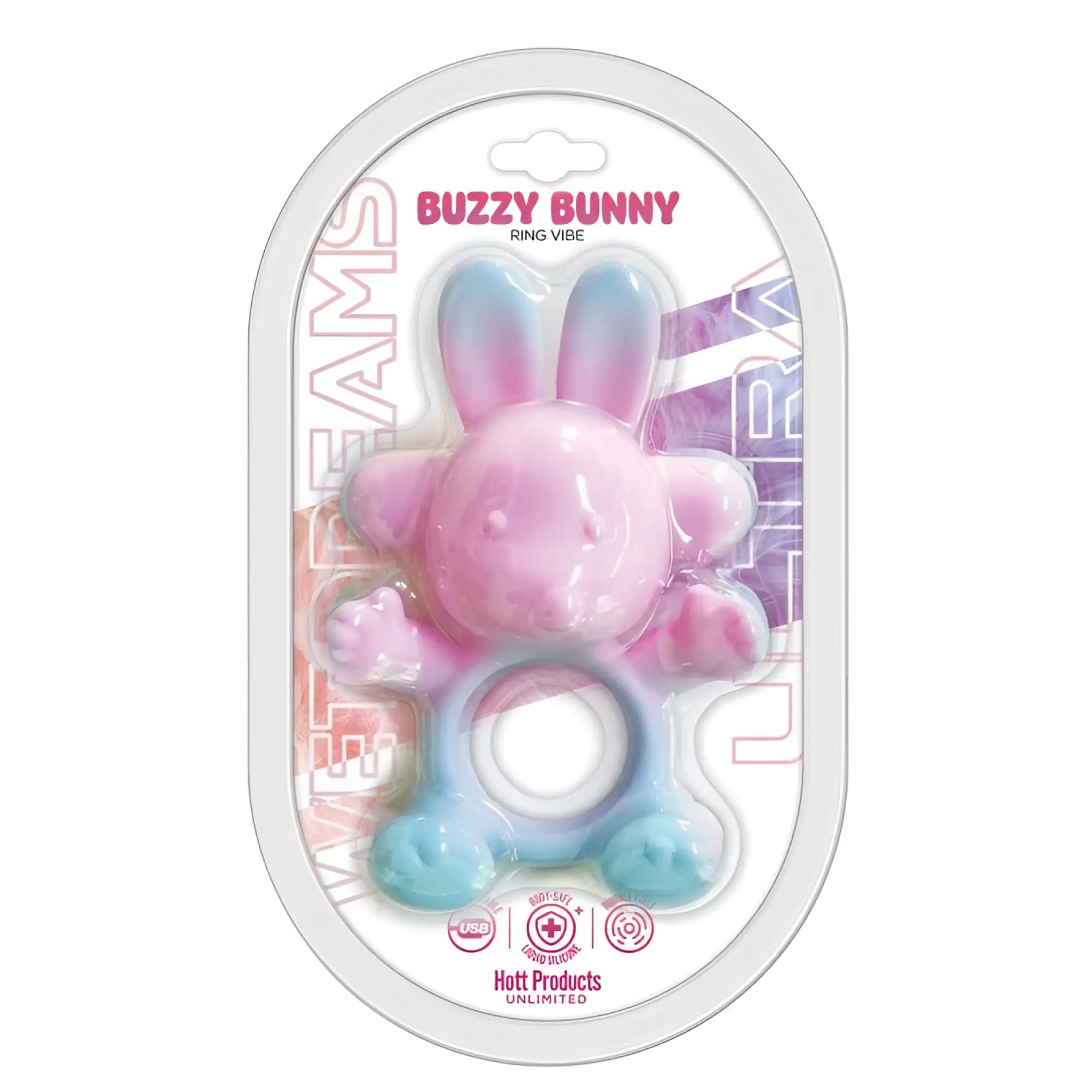 Pink and blue gradient silicone bunny-shaped ring vibrator with 20 modes usb rechargeable by hott products