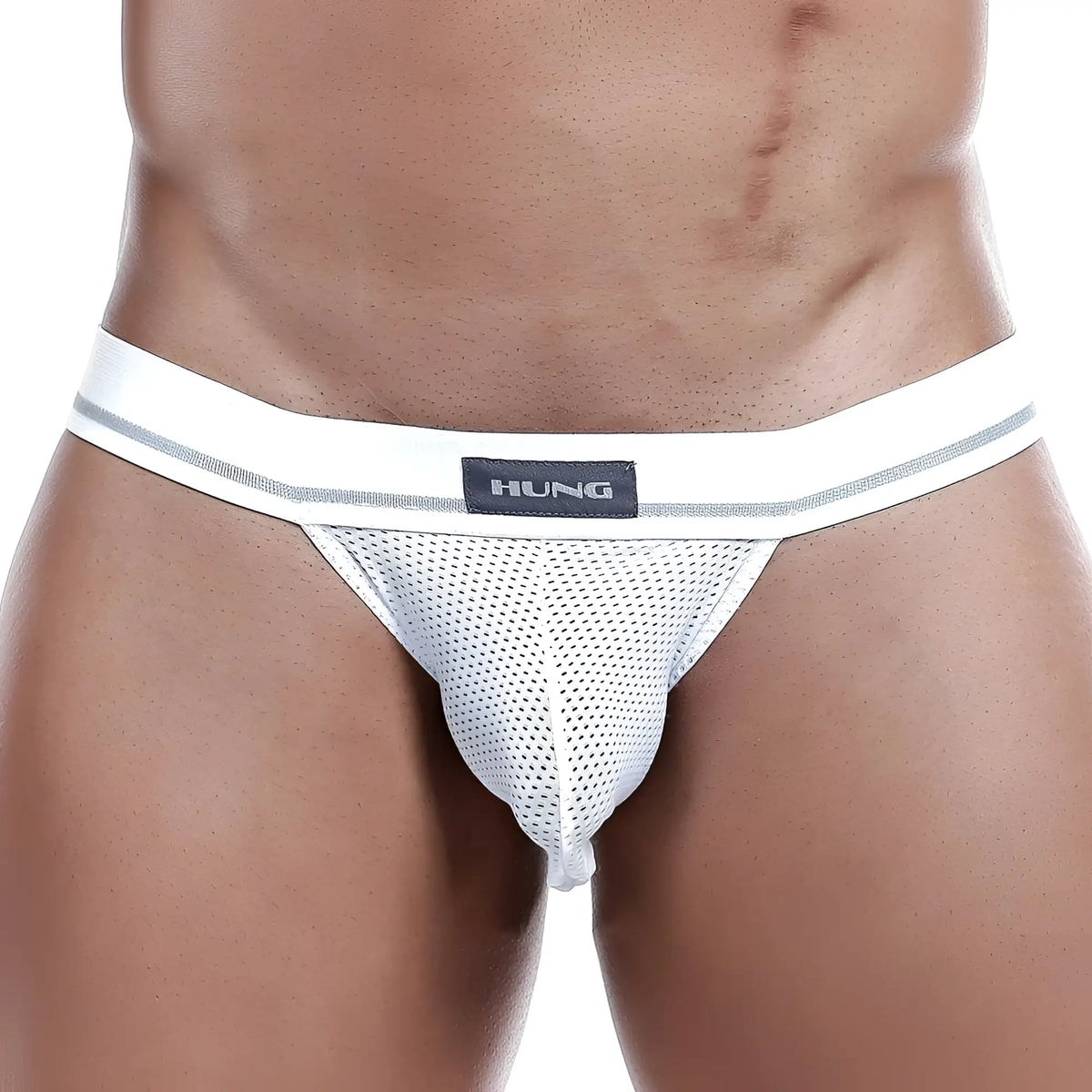 White mesh briefs jockstrap with gray striped waistband and black hung brand label front view