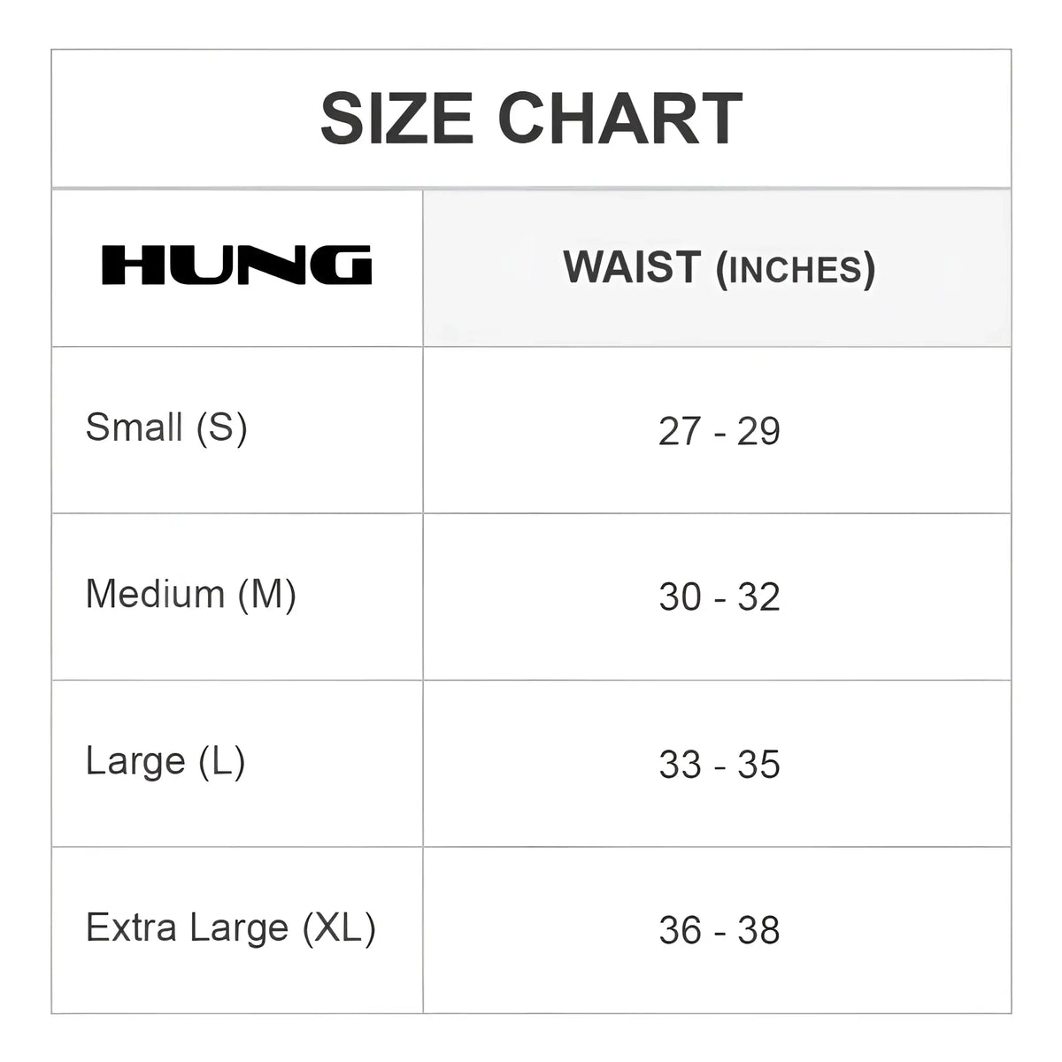 Hung hge009 jockstrap size chart showing waist measurements in inches for hung brand underwear sizing