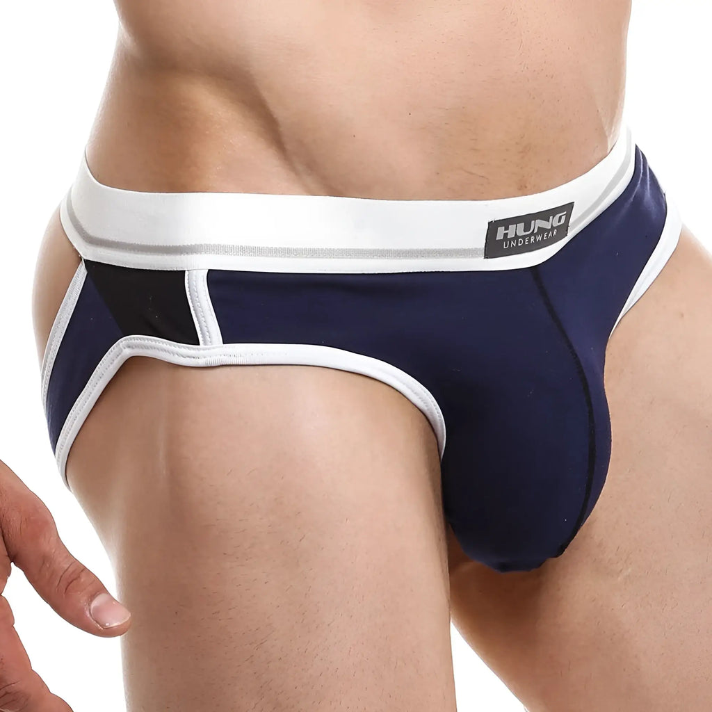 Navy blue and white hung hge010 jockstrap with a sleek contoured design showing the back side of the underwear