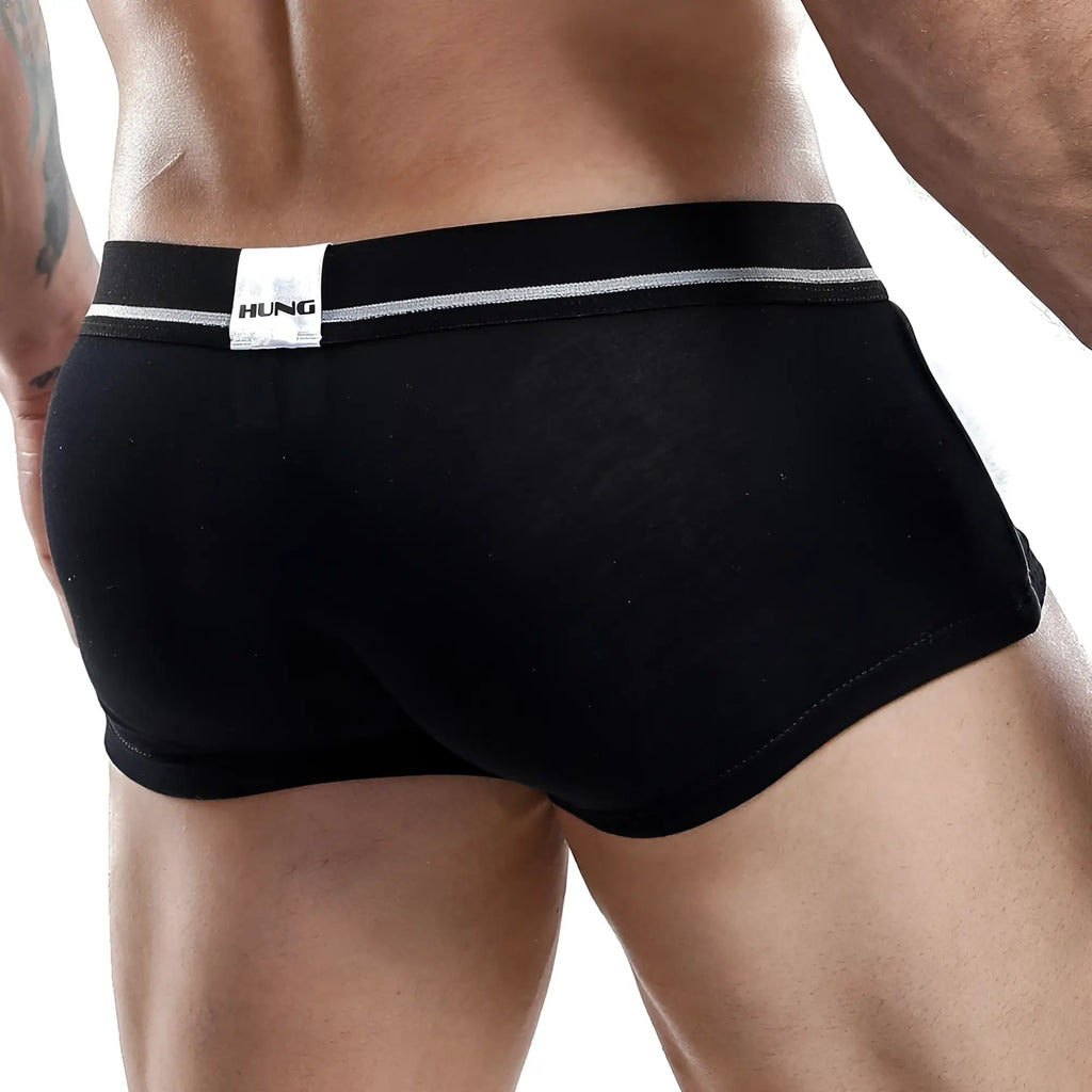 Black hung hgg004 boxer trunk briefs with white waistband silver trim and hung logo in front view