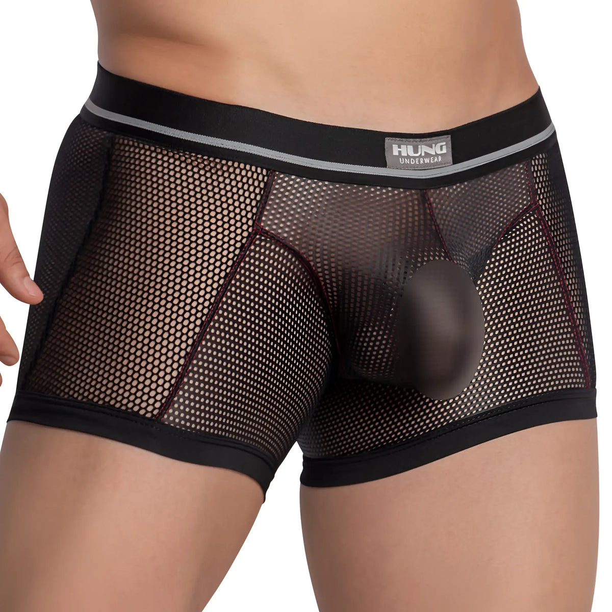Black mesh Hung HGG012 boxer trunk with solid black waistband featuring hung underwear logo and gray trim