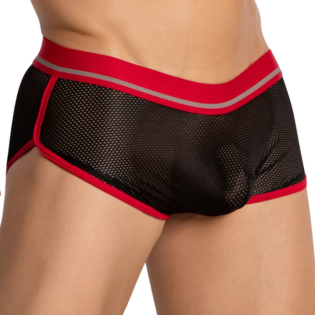 Hung hgg017 boxer trunk black mesh briefs with red trim and silver stripe along the waistband