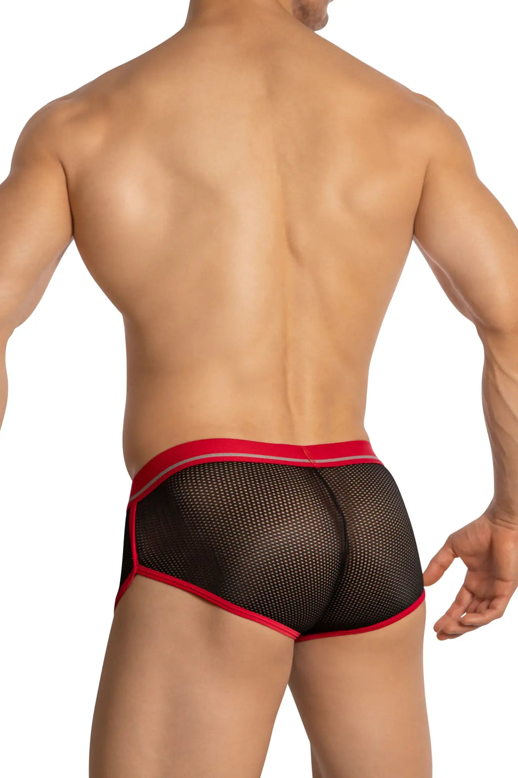 Hung hgg017 boxer trunk black mesh briefs with red trim and subtle white stripe on waistband front view