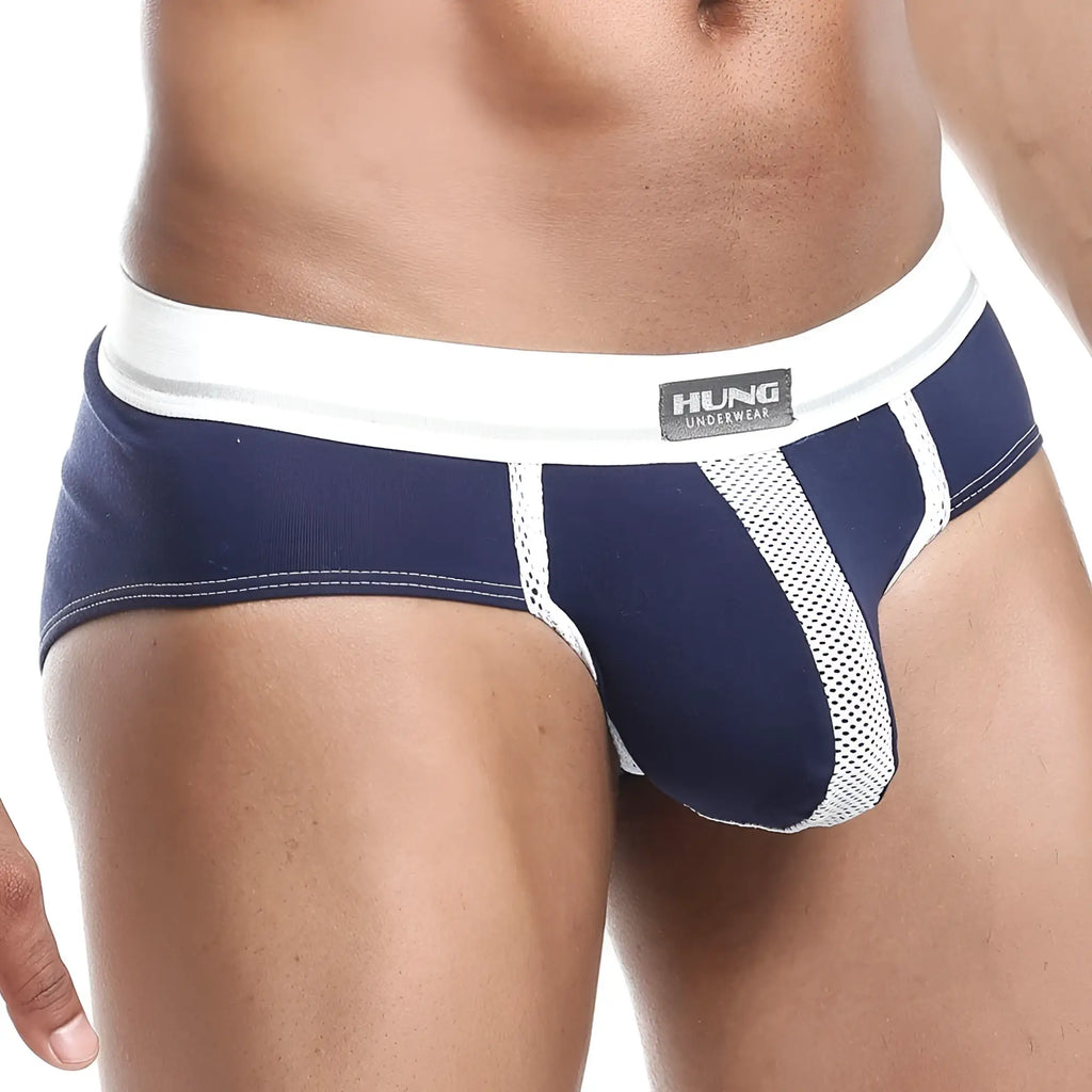 Navy blue and white mesh-trimmed menâ€™s briefs with branded waistband hung hgJ009 race brief shown from front