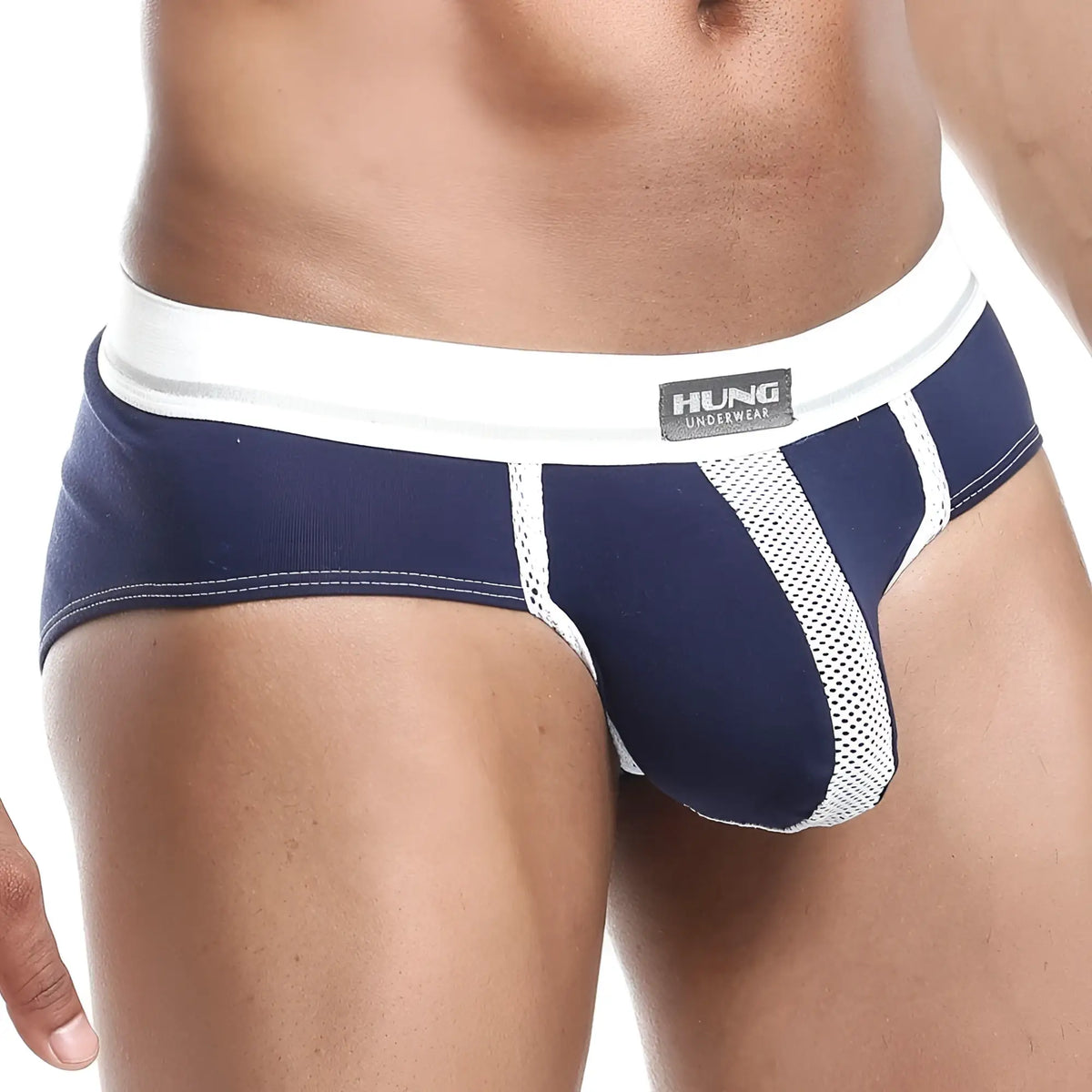 Navy blue and white mesh-trimmed menâ€™s briefs with branded waistband hung hgJ009 race brief shown from front