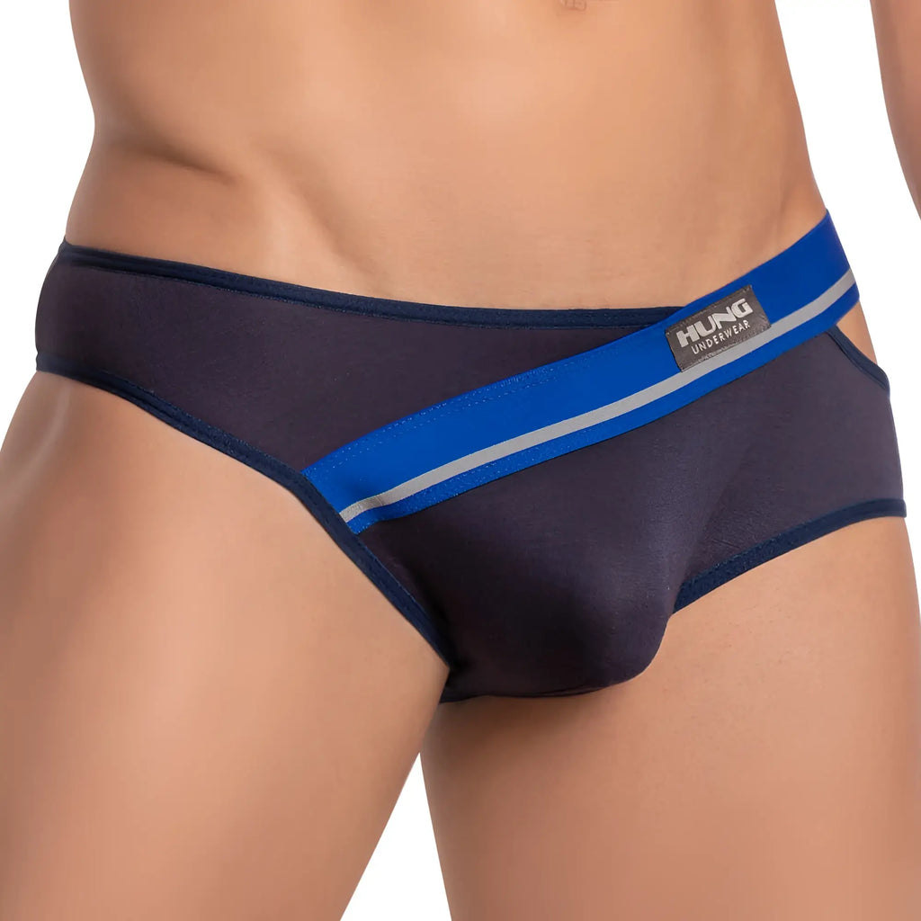 Navy blue and bright blue striped menâ€™s briefs with silver stripe detail and hung brand label on waistband