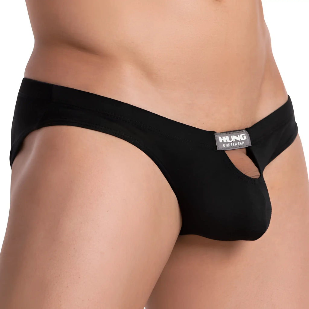 Black hung hgJ017 brief underwear with cutout design hanging, showcasing the front side of the fabric details