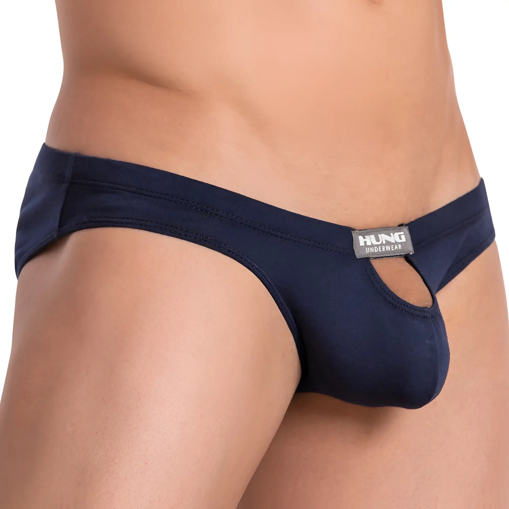 Navy blue fabric briefs with cutout design and hung underwear brand tag titled hung HGJ017 brief