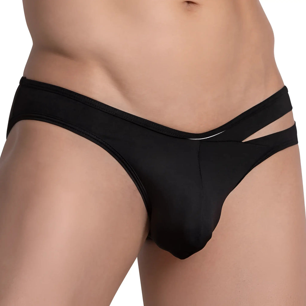 Black hung HGJ020 brief with sleek smooth fabric and distinctive side cutouts in a form-fitting design
