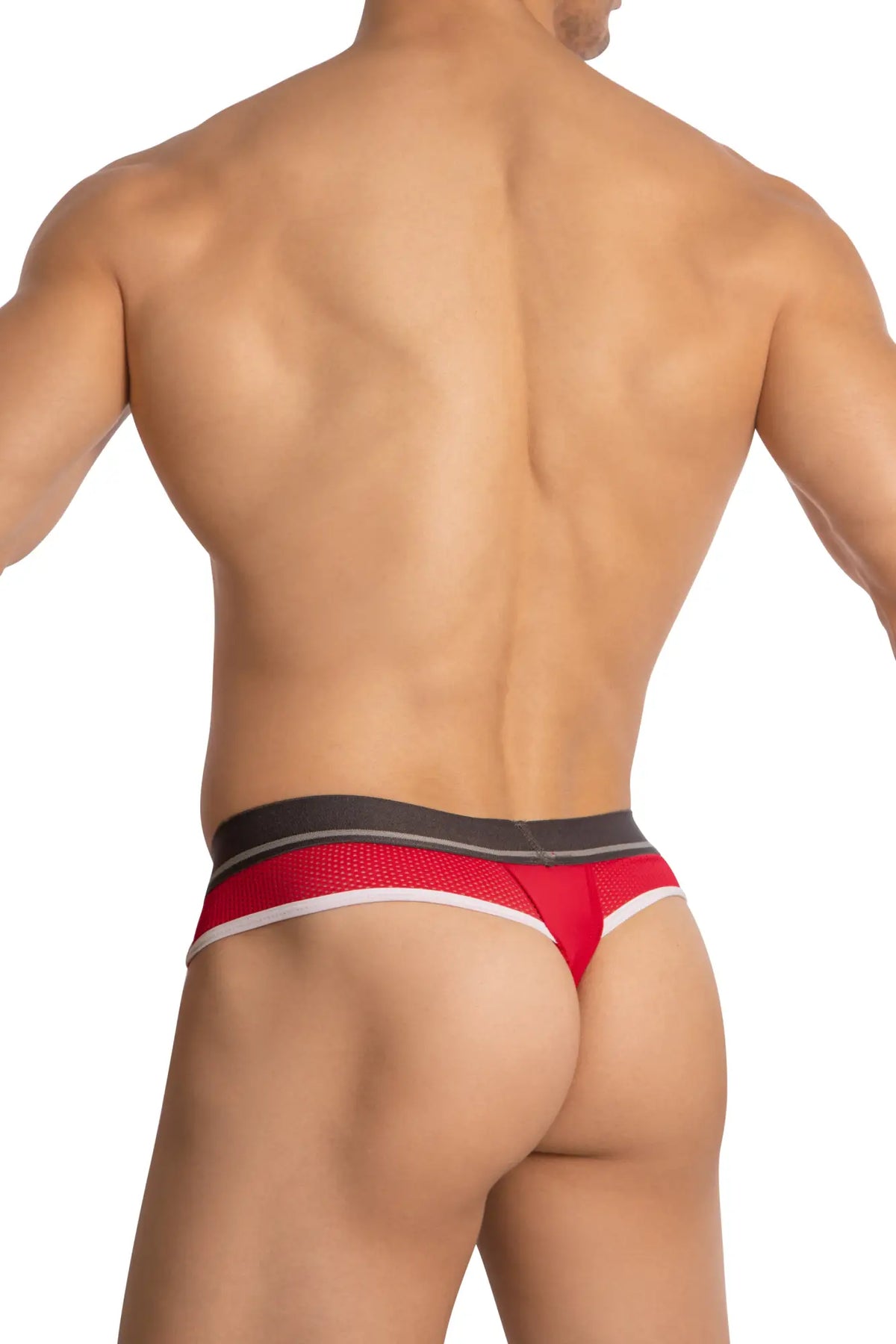 Hung HGK001 thong red mesh with black and white trim showing front view in breathable fabric design