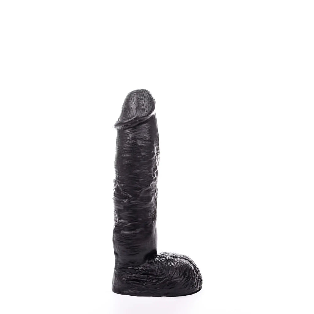 Black textured silicone dildo with realistic surface details and rounded head from hung system mickey collection