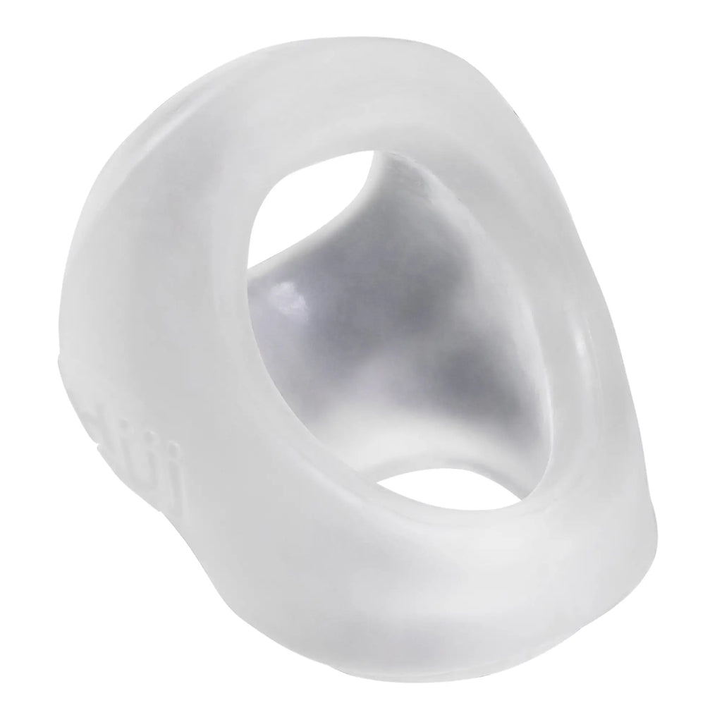 Transparent silicone urethral dilator with smooth rounded design and two openings in hunkyjunk clutch cock ball sling