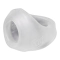 White translucent silicone earplug cover with smooth rounded design and embossed branding for hunkyjunk clutch cock ball sling by hunkyjunk ice
