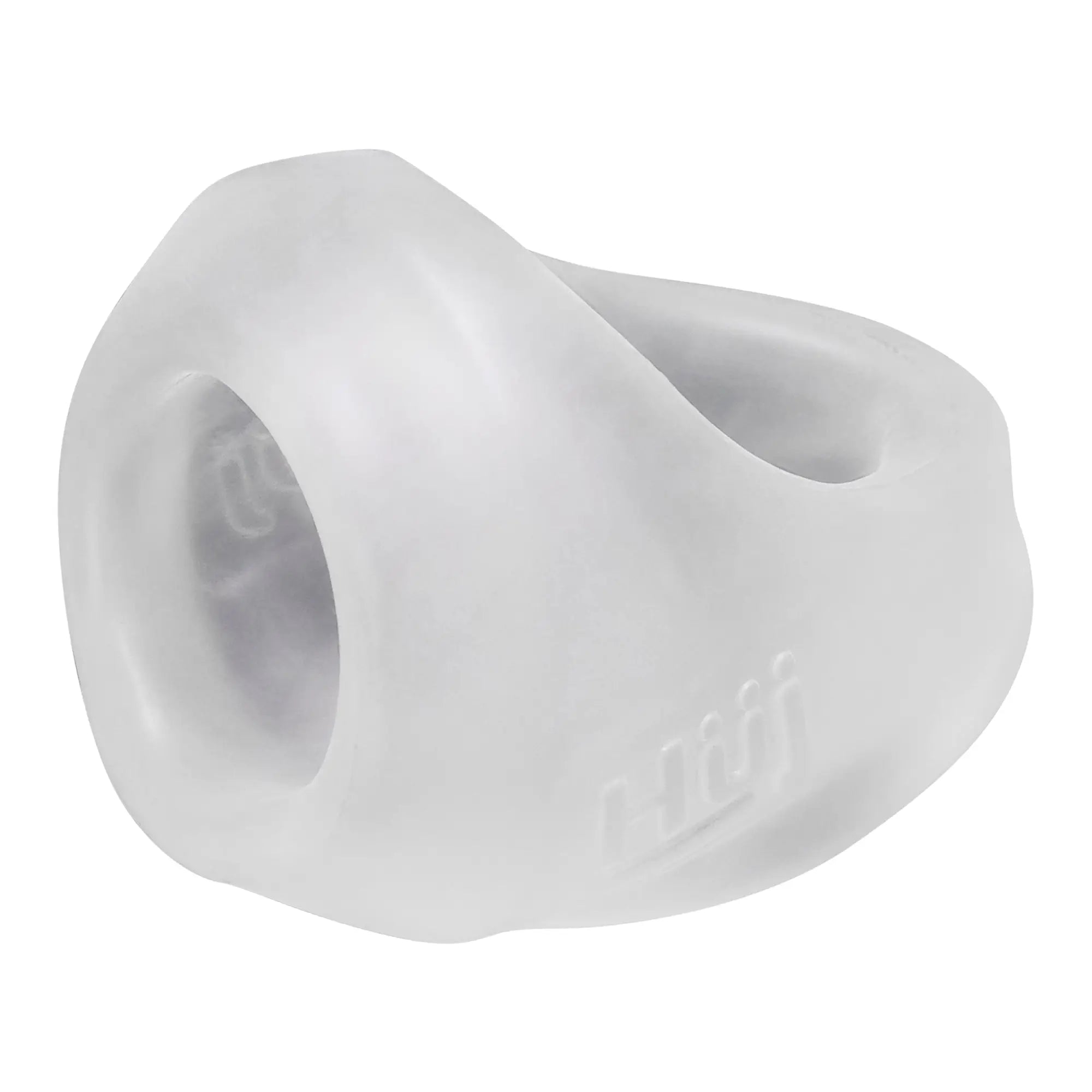White translucent silicone earplug cover with smooth rounded design and embossed branding for hunkyjunk clutch cock ball sling by hunkyjunk ice