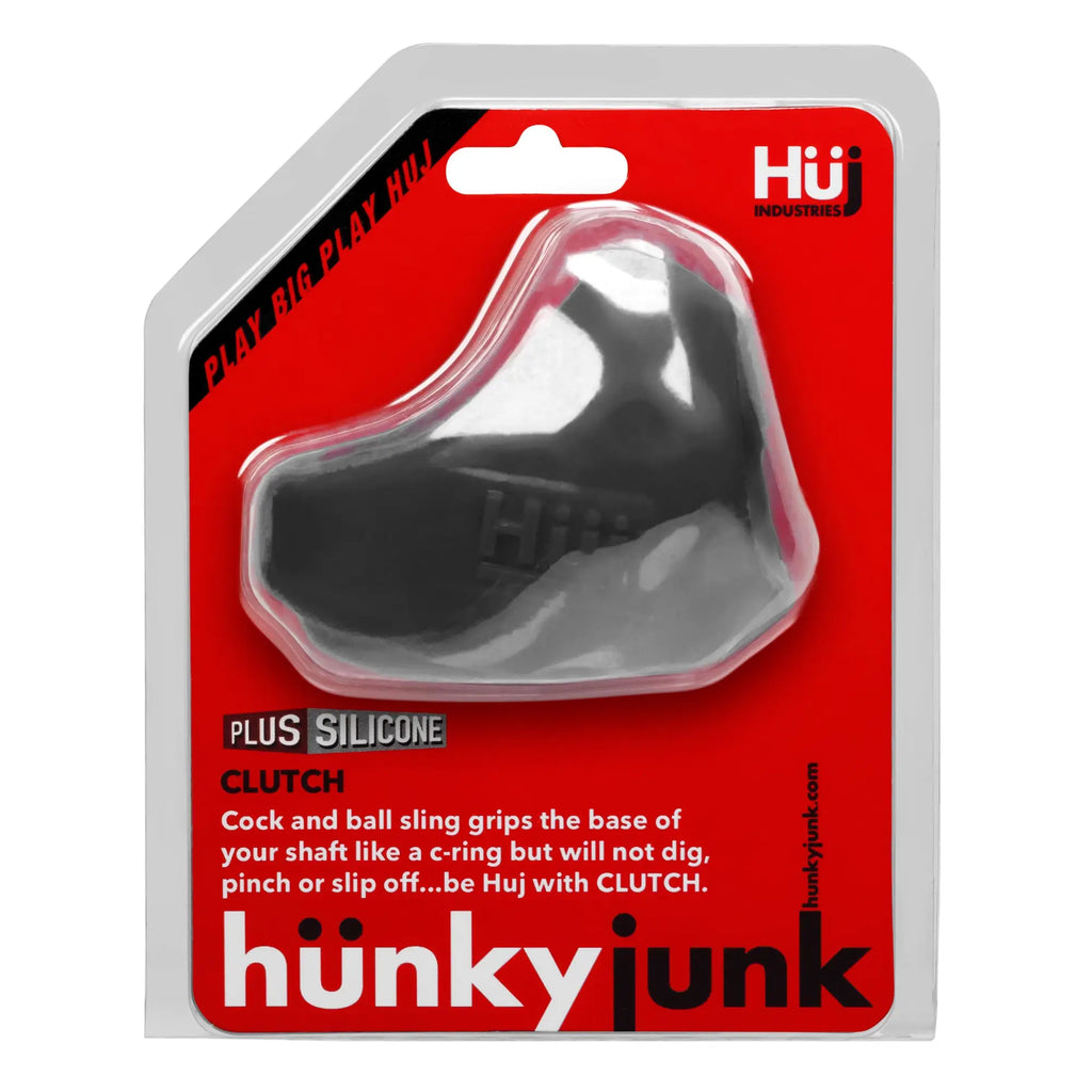 Black silicone clutch cock ball sling in clear packaging with red and white hunkyjunk branding