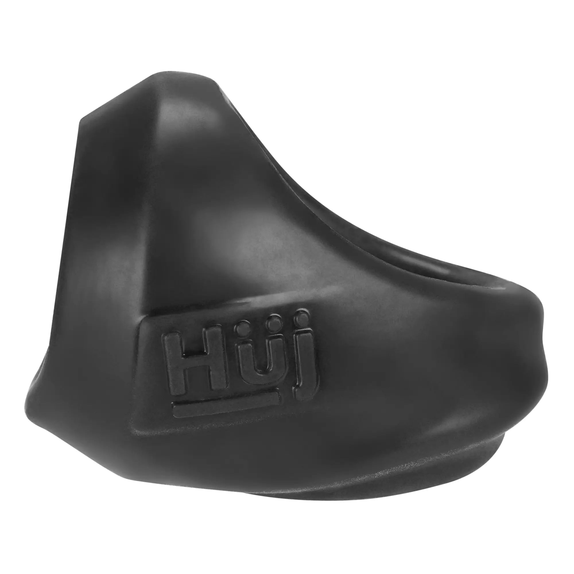 Black rubber grip with embossed huij logo on the hunkyjunk clutch cock ball sling by hunkyjunk tar