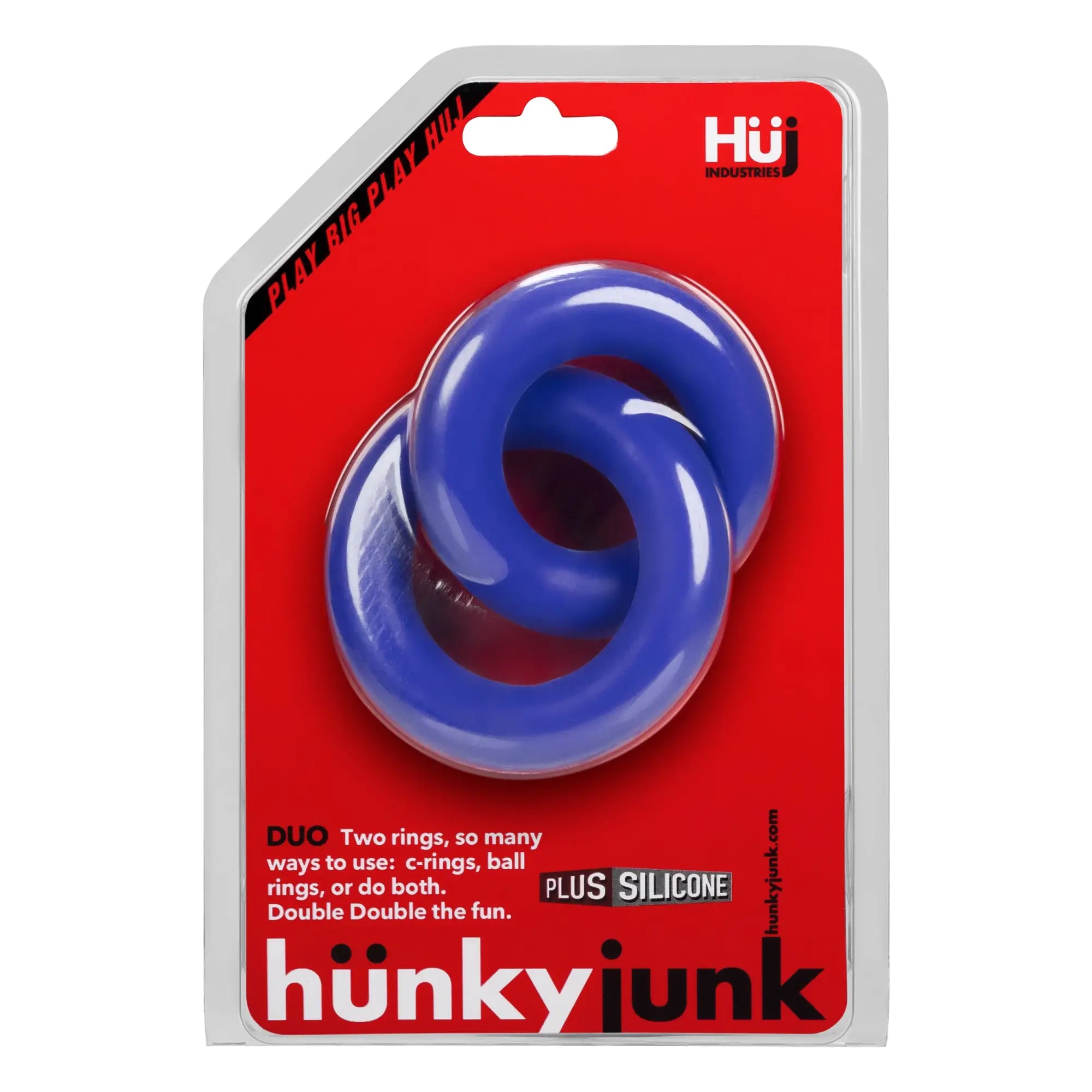 Blue silicone linked cock and ball rings in hunkyjunk duo cobalt package by hunkyjunk