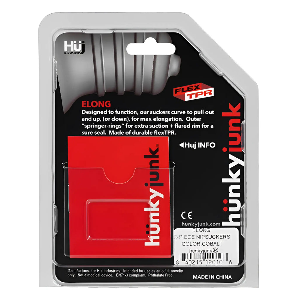 Cobalt red hunkyjunk elong wide base nipsucker two-piece set in clear plastic packaging with black and white labels