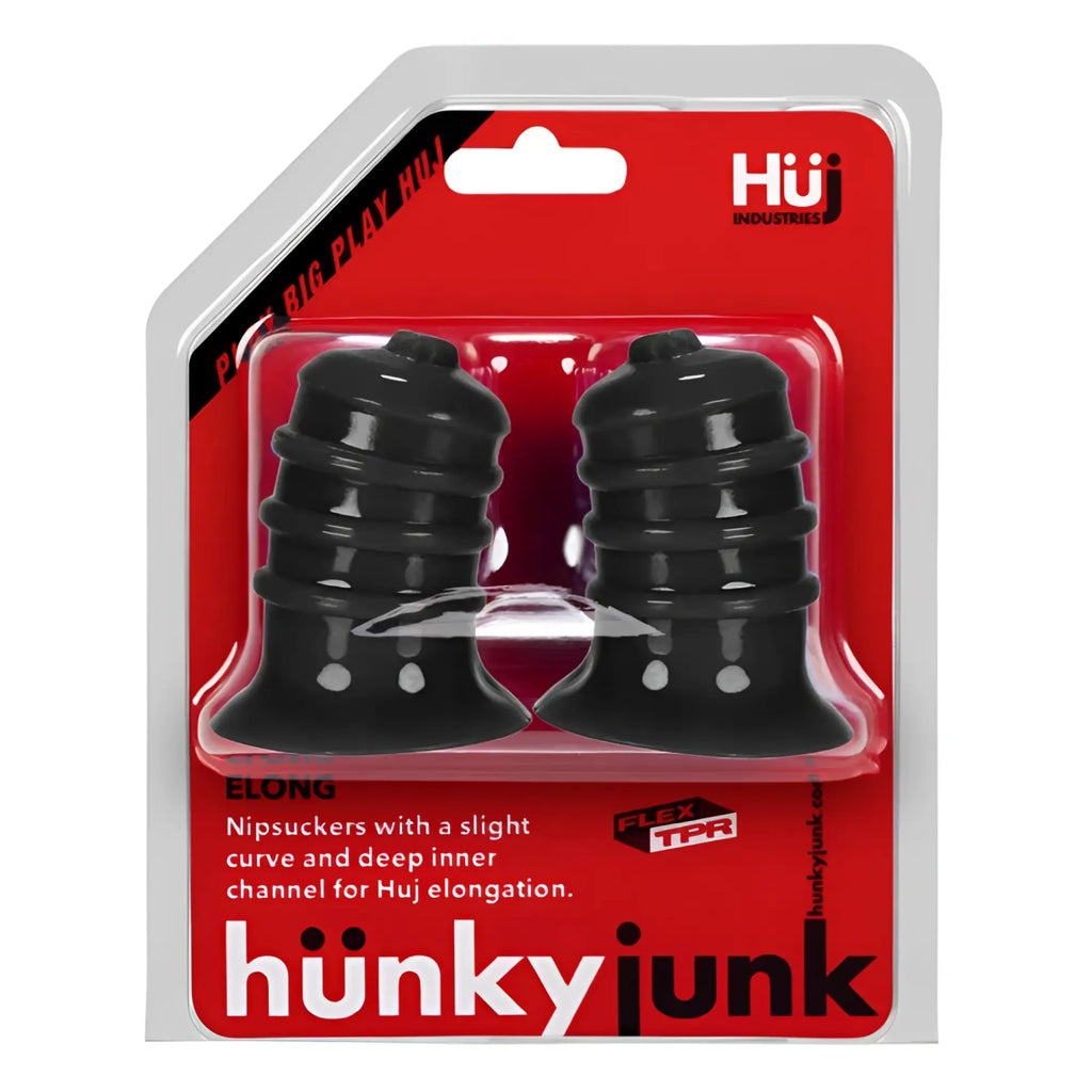 Black glossy tpr hunkyjunk elong wide base nipsucker with slight curve deep inner channel in red clear packaging by huj industries