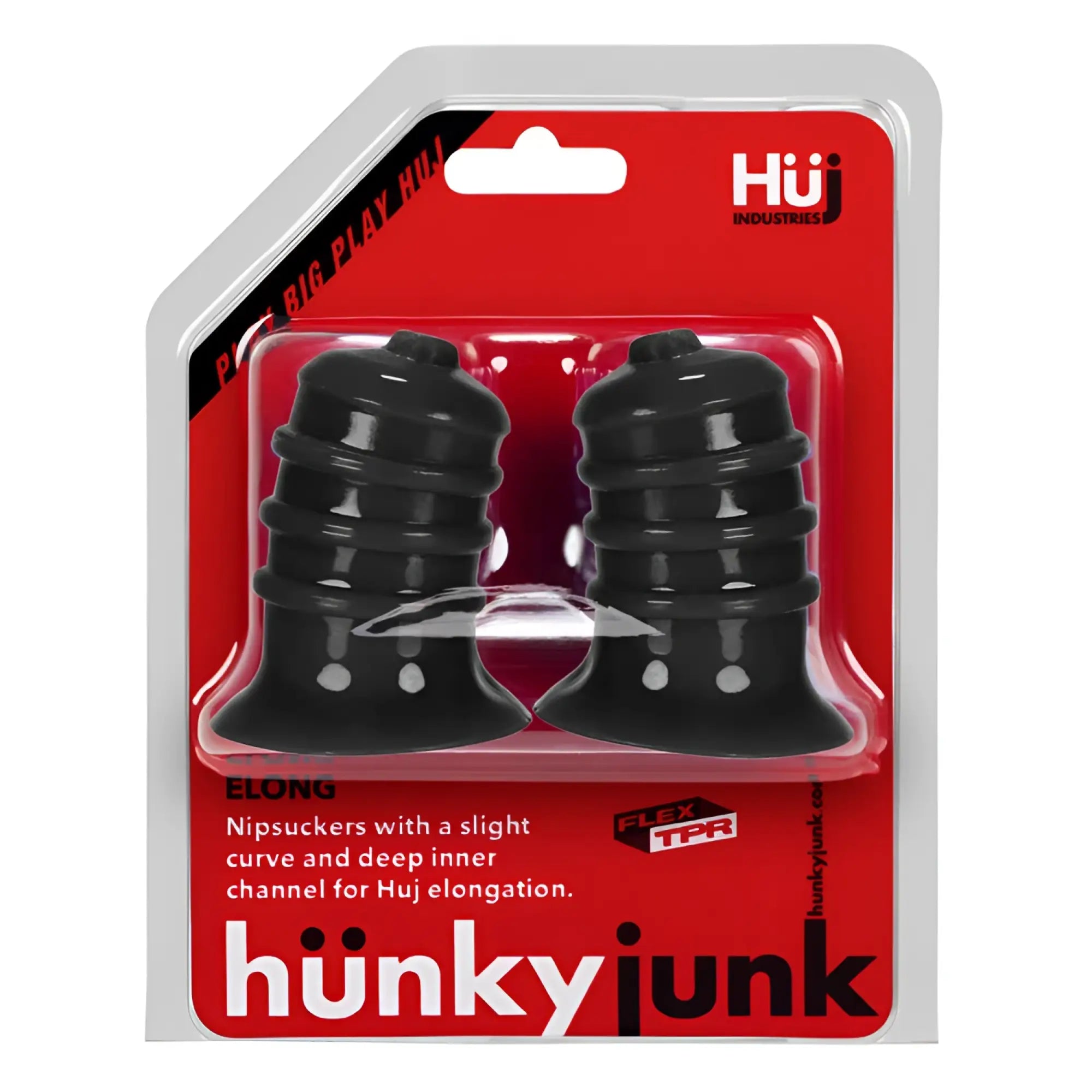 Black glossy tpr hunkyjunk elong wide base nipsucker with slight curve deep inner channel in red clear packaging by huj industries