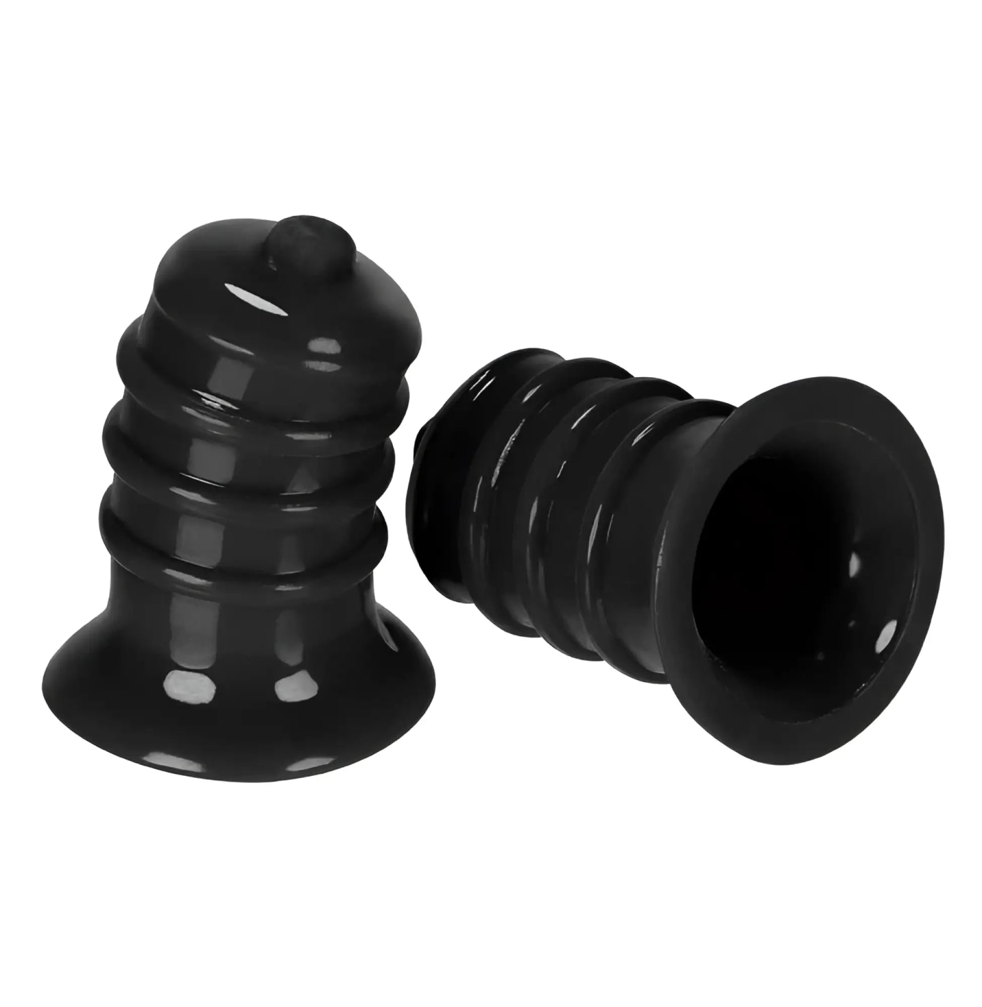 Black silicone suction cups with ribbed tapered design and rounded tops from hunkyjunk elong wide base nipsucker black