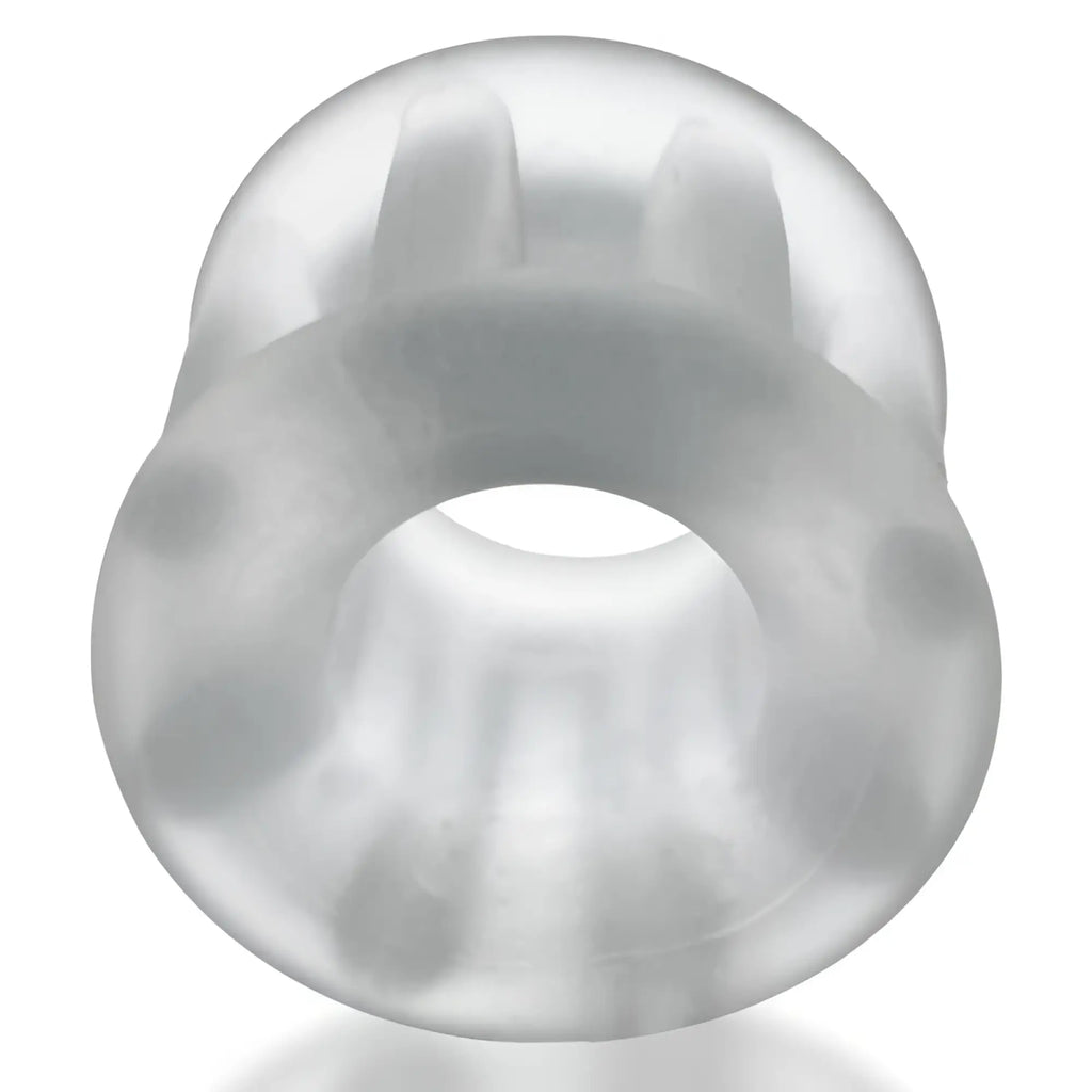 Hunkyjunk gyroball ballstretcher clear ice one size transparent silicone body with frosted textured surface and internal ridges
