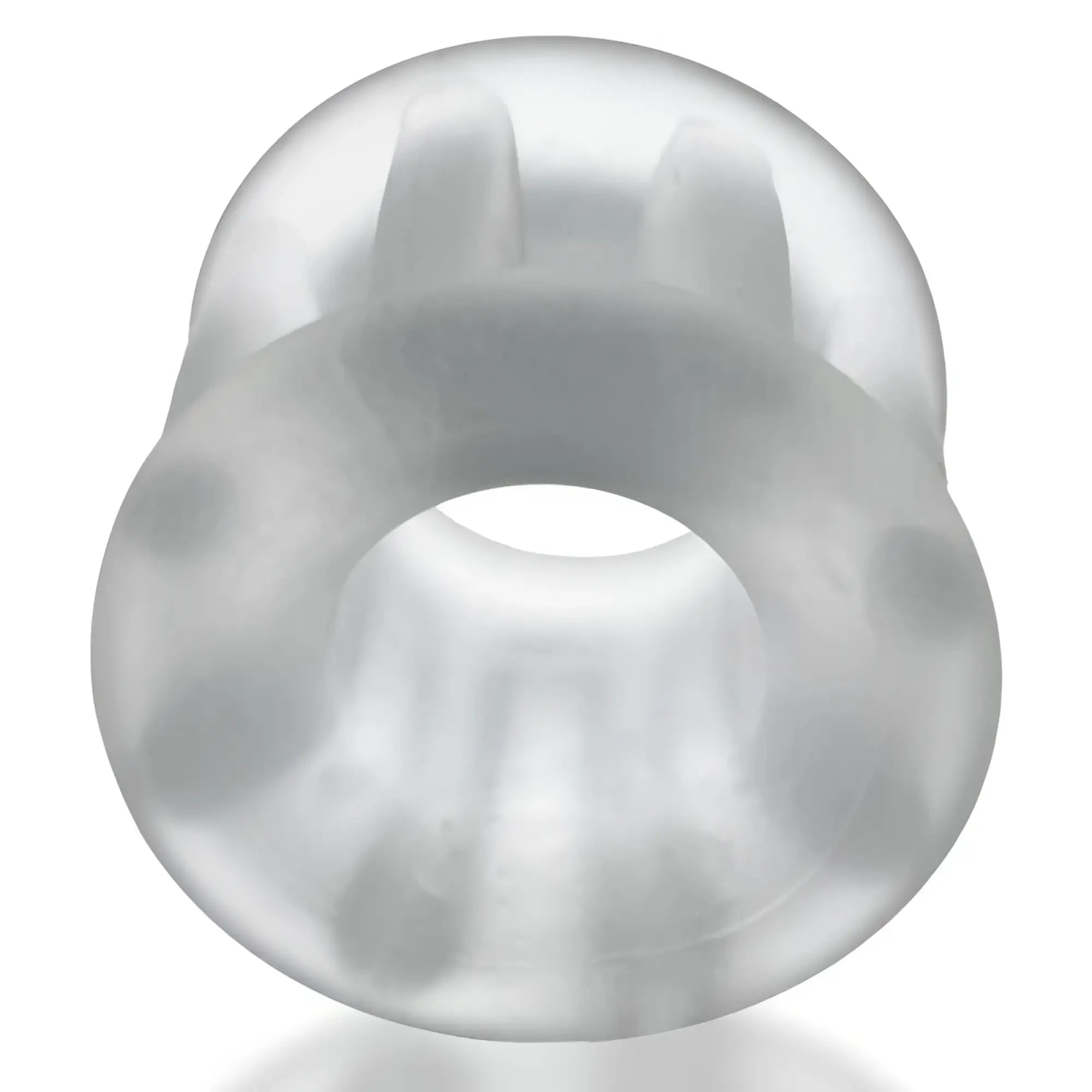 Hunkyjunk gyroball ballstretcher clear ice one size transparent silicone body with frosted textured surface and internal ridges