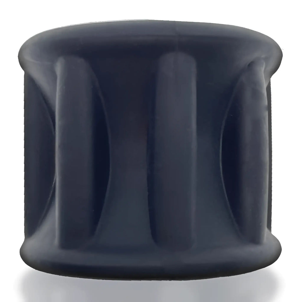 Dark gray ribbed silicone ring with smooth rounded exterior and vertical grooves from hunkyjunk gyroball ballstretcher tar ice