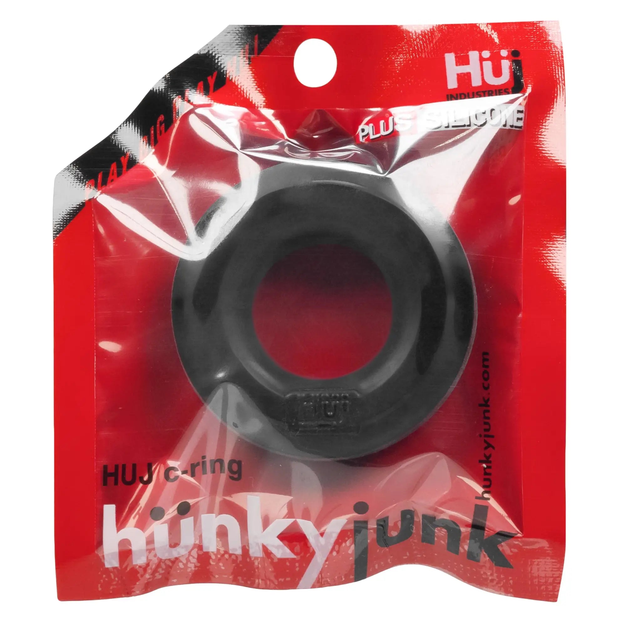 Black huj c-ring made of plus silicone in red and clear branded hunkyjunk packaging by hunkyjunk tar