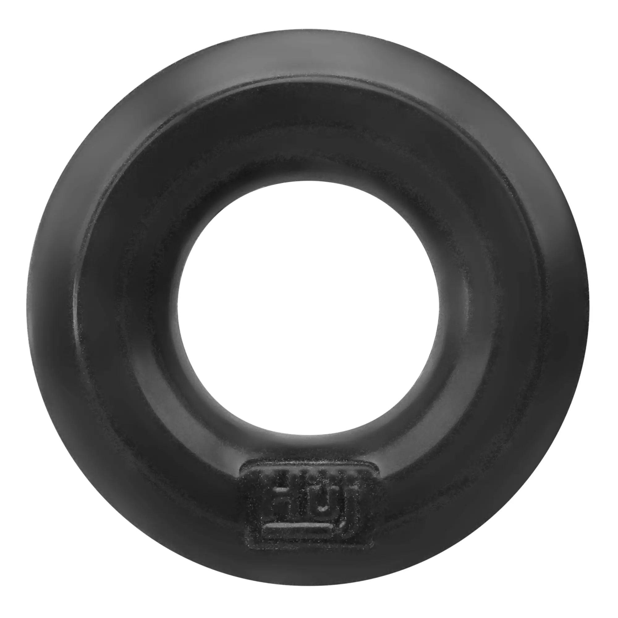 Black rubber hunkyjunk huj c-ring with smooth glossy finish and embossed branding on the bottom back side