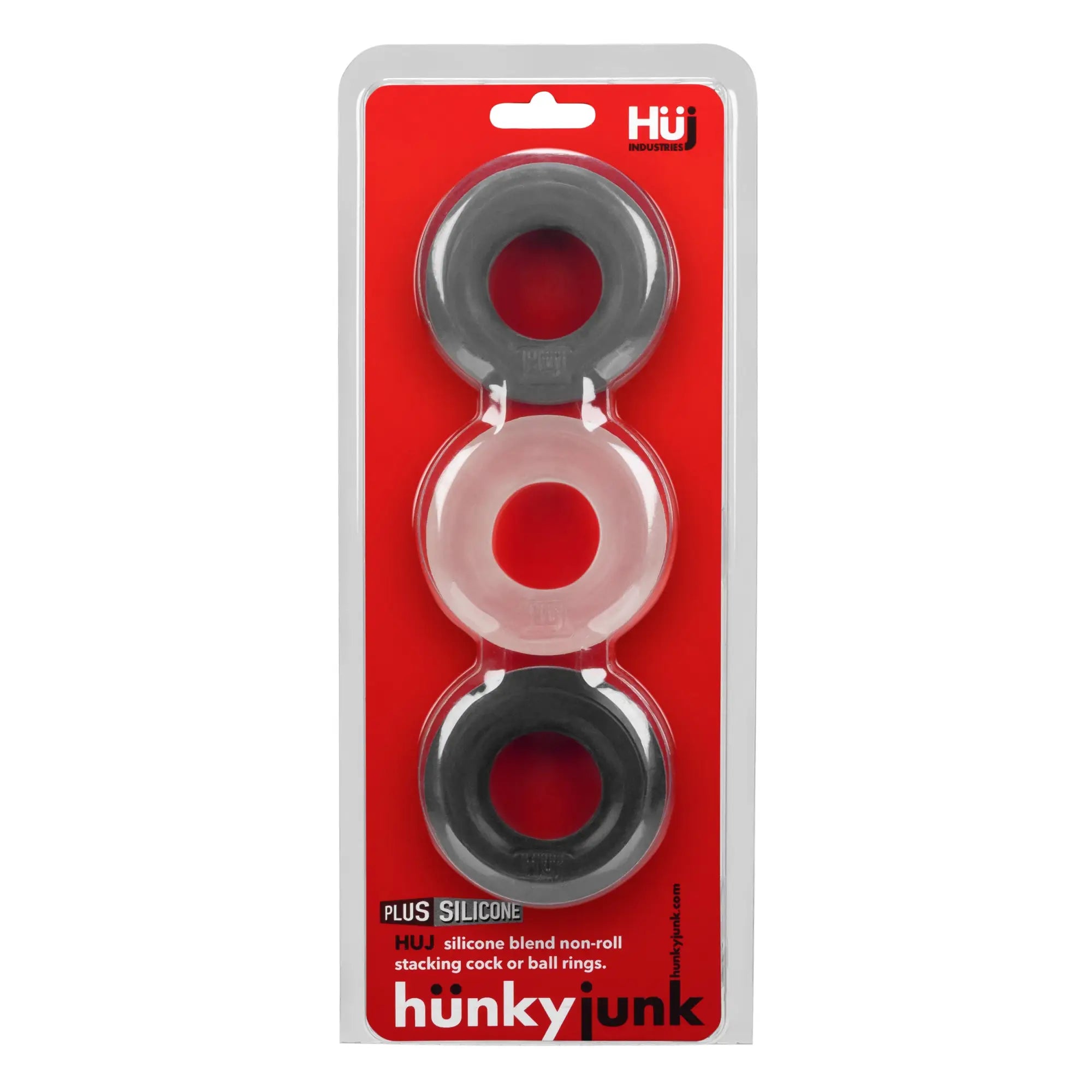 Set of three huj industries silicone blend non-roll stacking cock or ball rings in gray translucent pink and black by Hunkyjunk