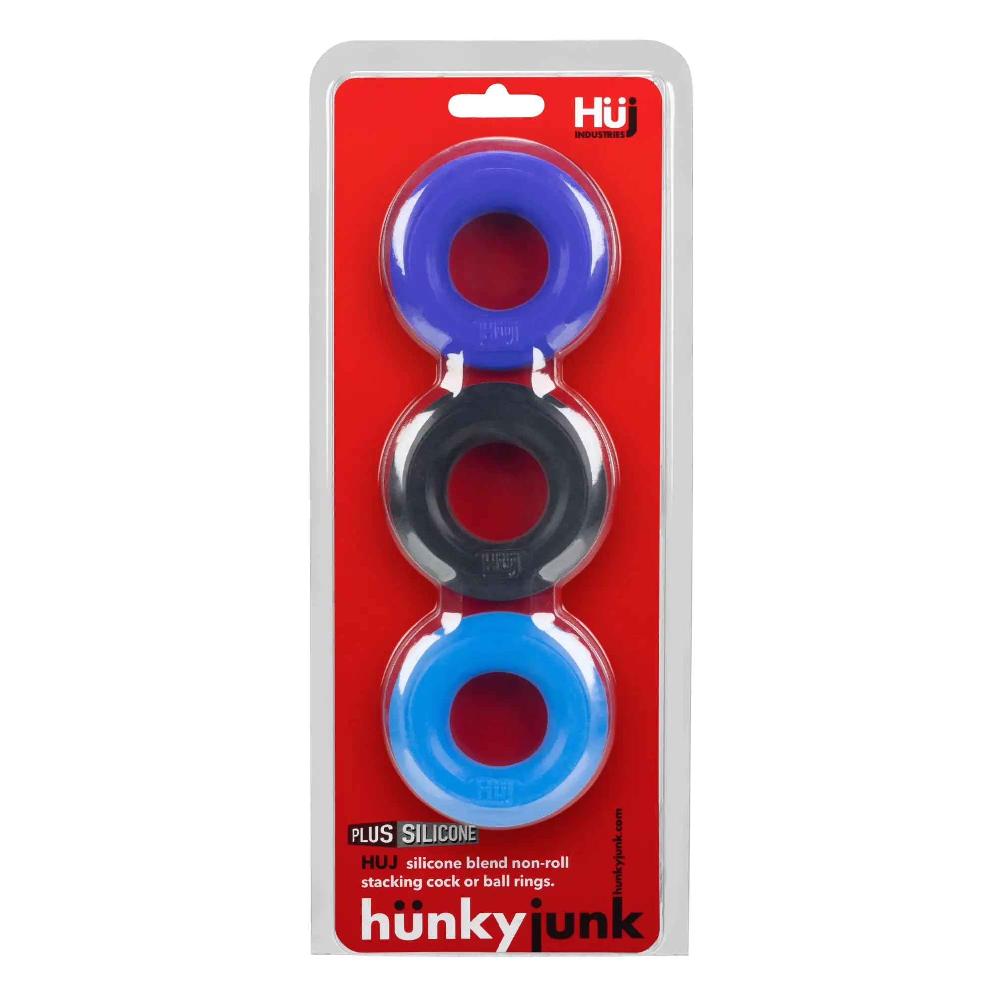 Set of three hunkyjunk silicone blend cock and ball rings in blue black and light blue for enhanced performance