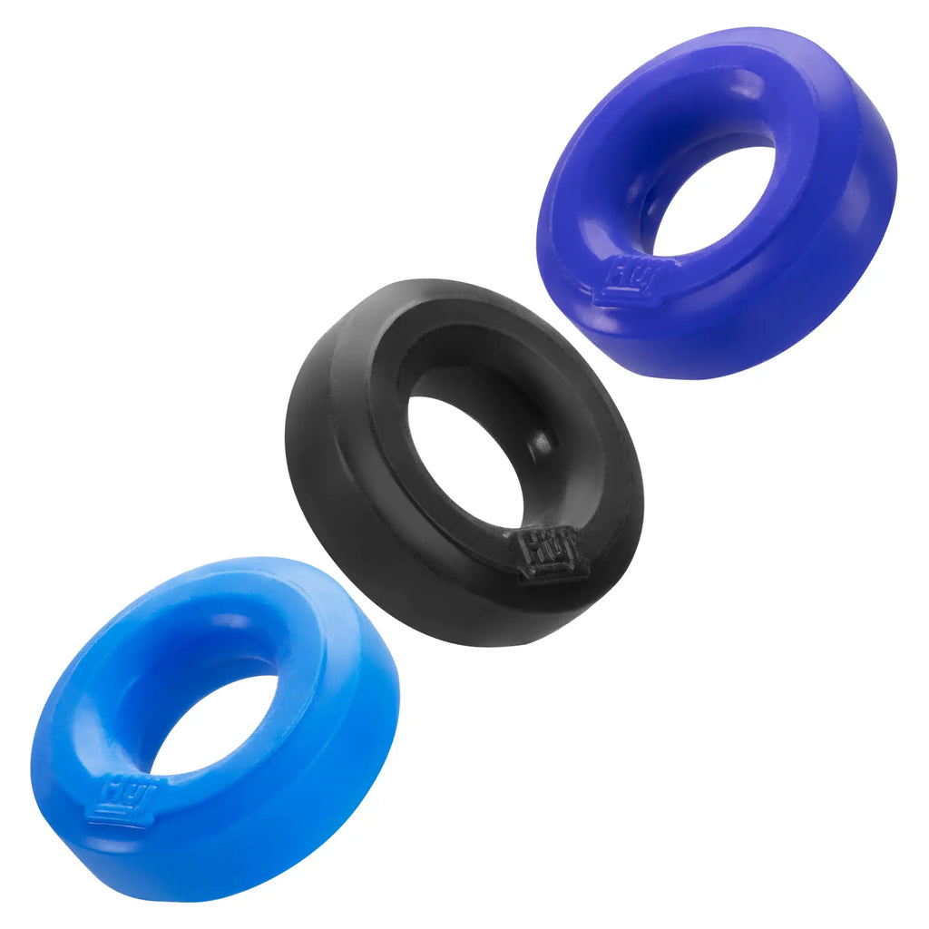 Set of three hunkyjunk huj3 c-ring silicone ring inserts in vibrant blue and matte black with smooth rounded design