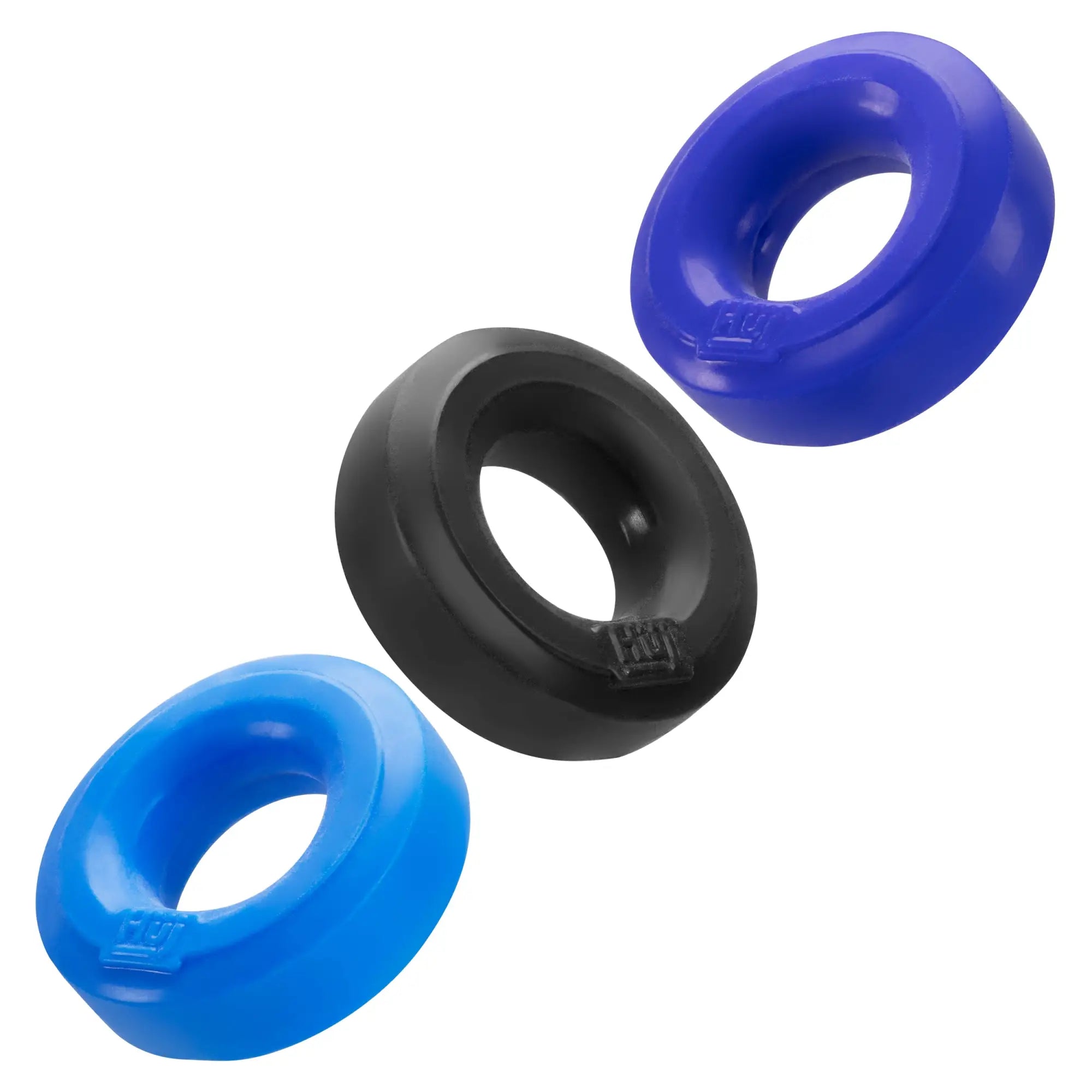 Set of three hunkyjunk huj3 c-ring silicone ring inserts in vibrant blue and matte black with smooth rounded design
