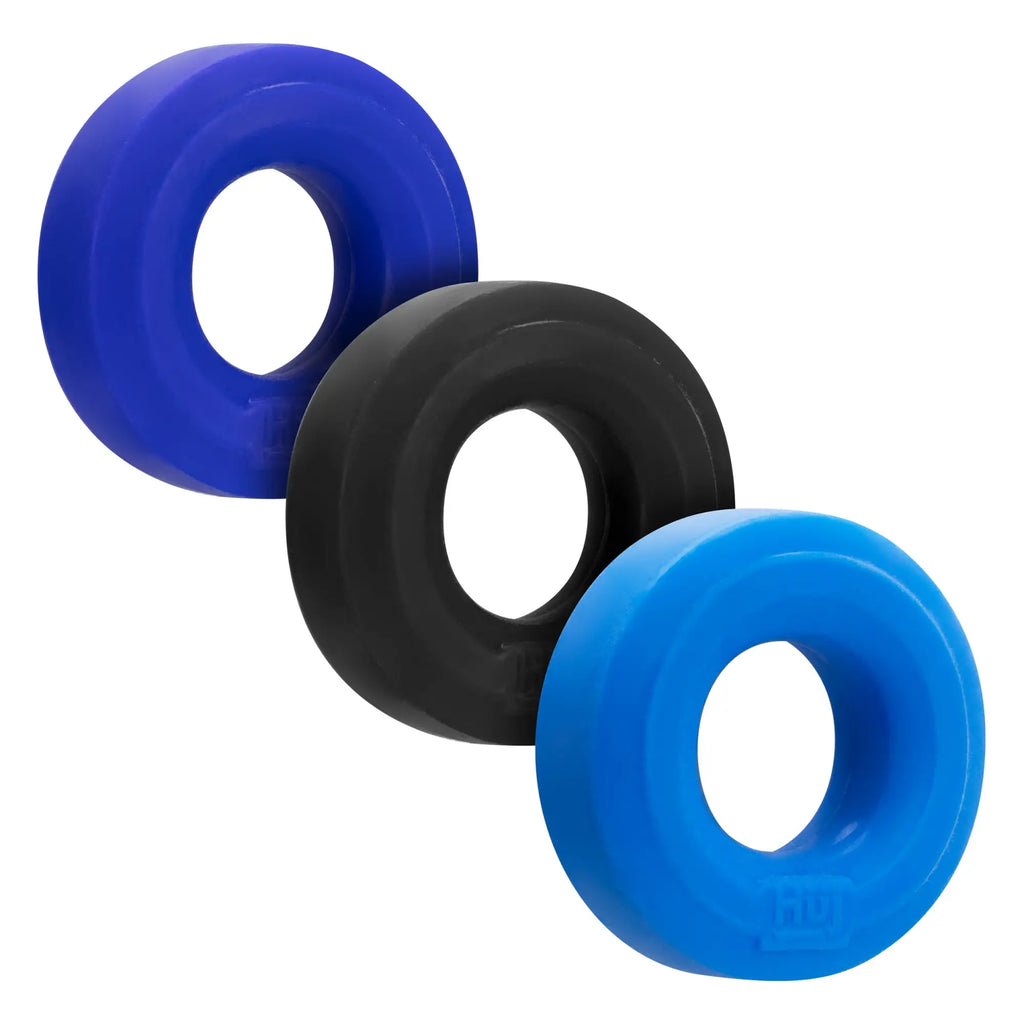 Set of three silicone rings in vibrant blue and matte black with smooth rounded design by Hunkyjunk HUJ3 C-RING 3 Pk