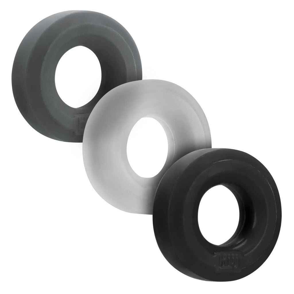 Hunkyjunk huj3 c-ring 3 pk silicone rings in black translucent gray and opaque black with a matte finish