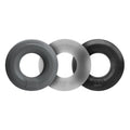 Three silicone rings in dark gray light gray and black with subtle embossed logo by hunkyjunk huj3 c-ring 3 pk